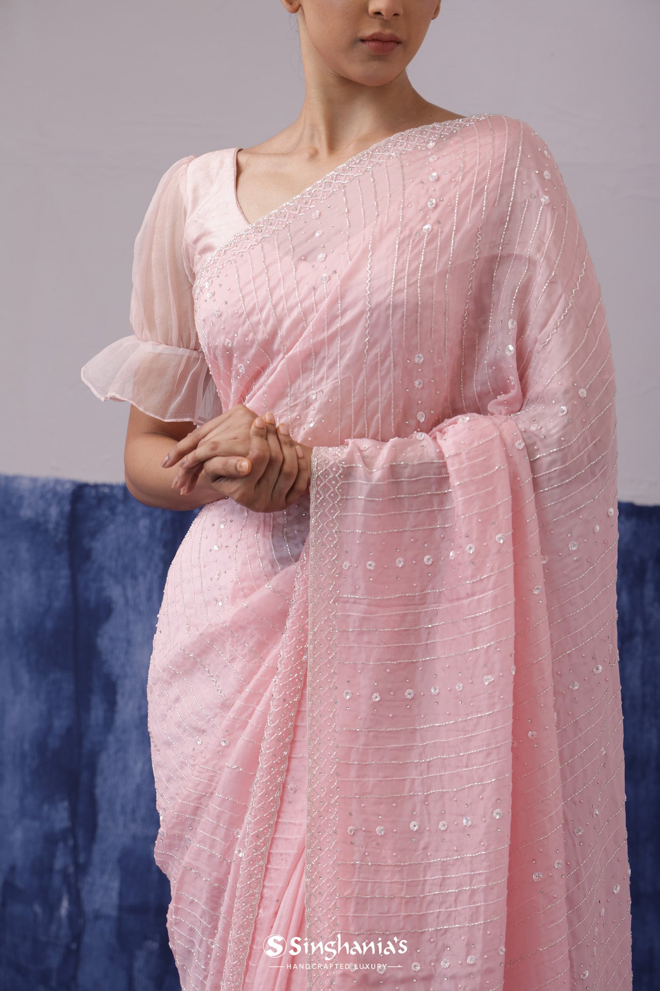Pastel Pink Designer Organza Saree With Embroidery Work
