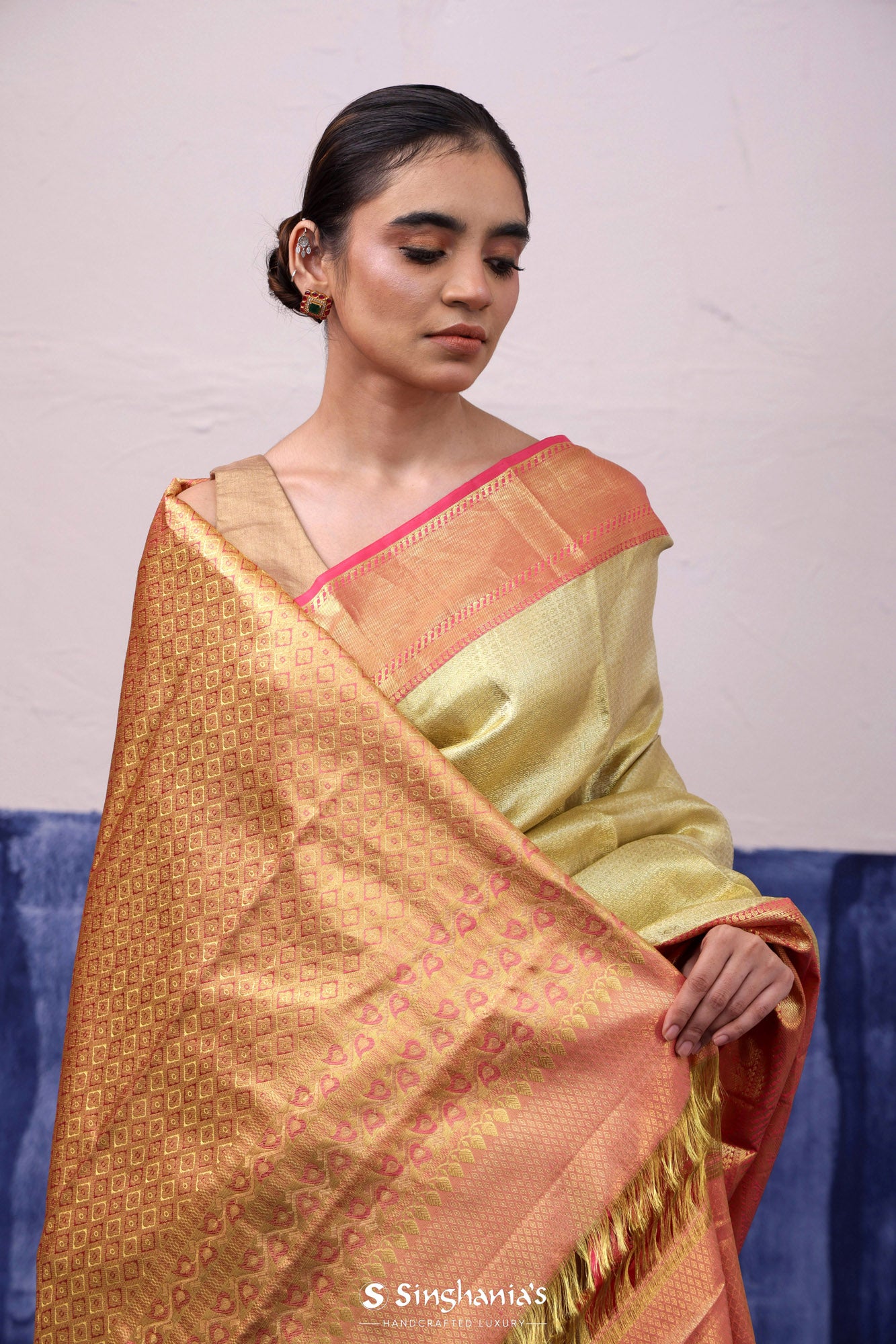 Greenish Gold Kanjivaram Silk Saree With Butti Weaving