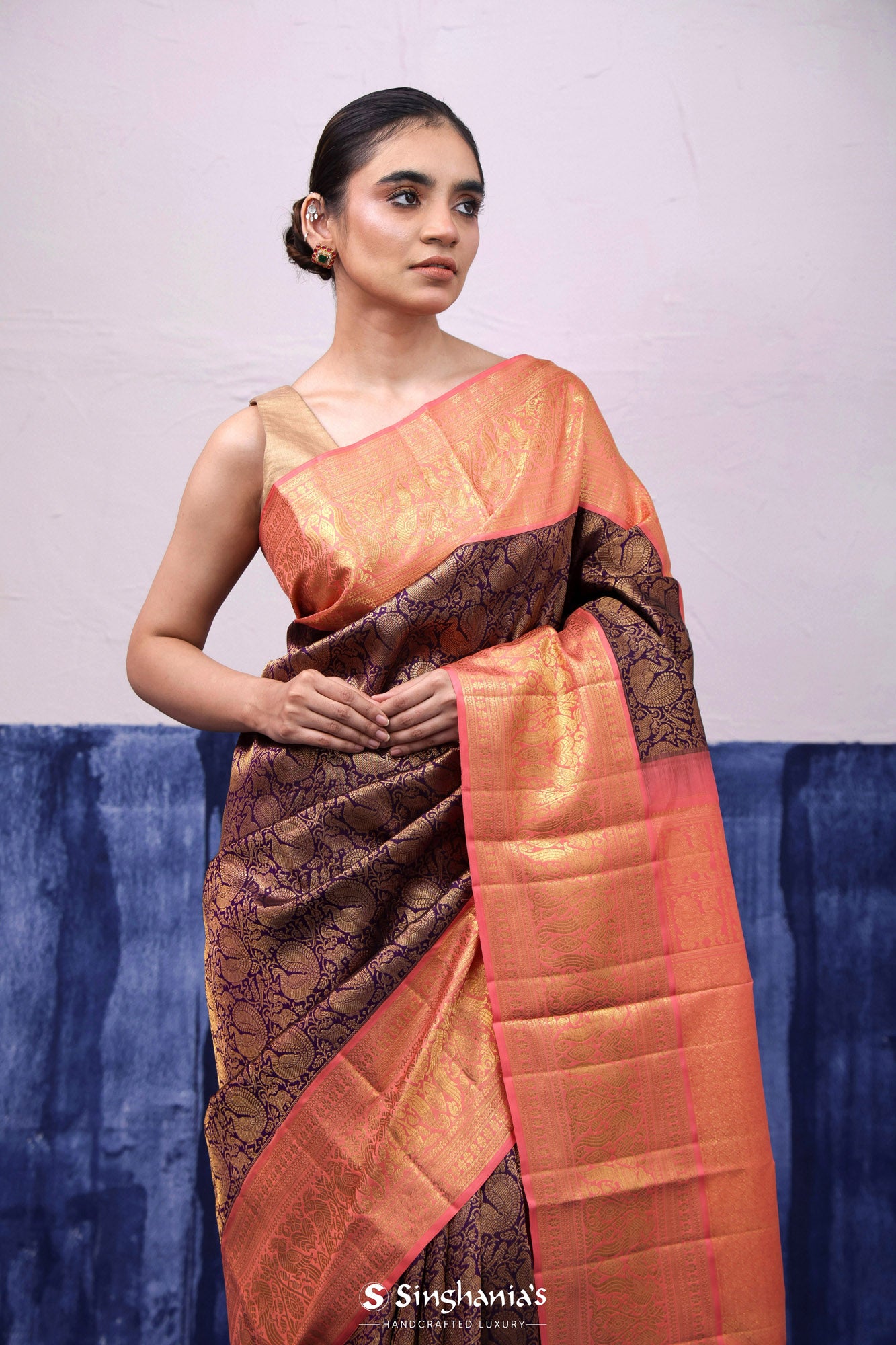 English Violet Kanjivaram Silk Saree With Fauna Jaal Weaving