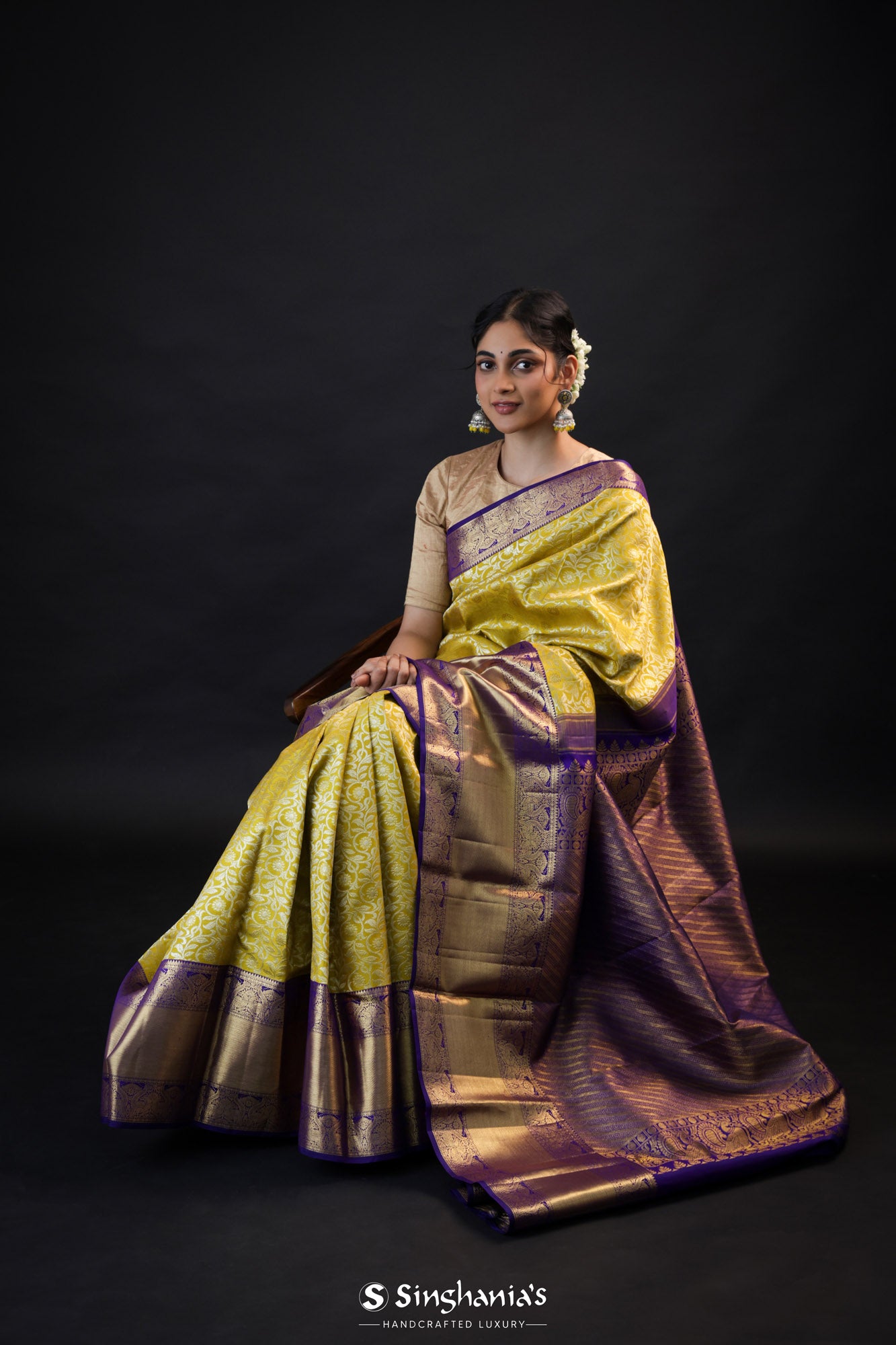 Lime Green Kanjivaram Silk Saree With Floral Jaal Design