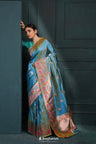 Ocean Blue Banarasi Silk Saree With Floral Buttas Design