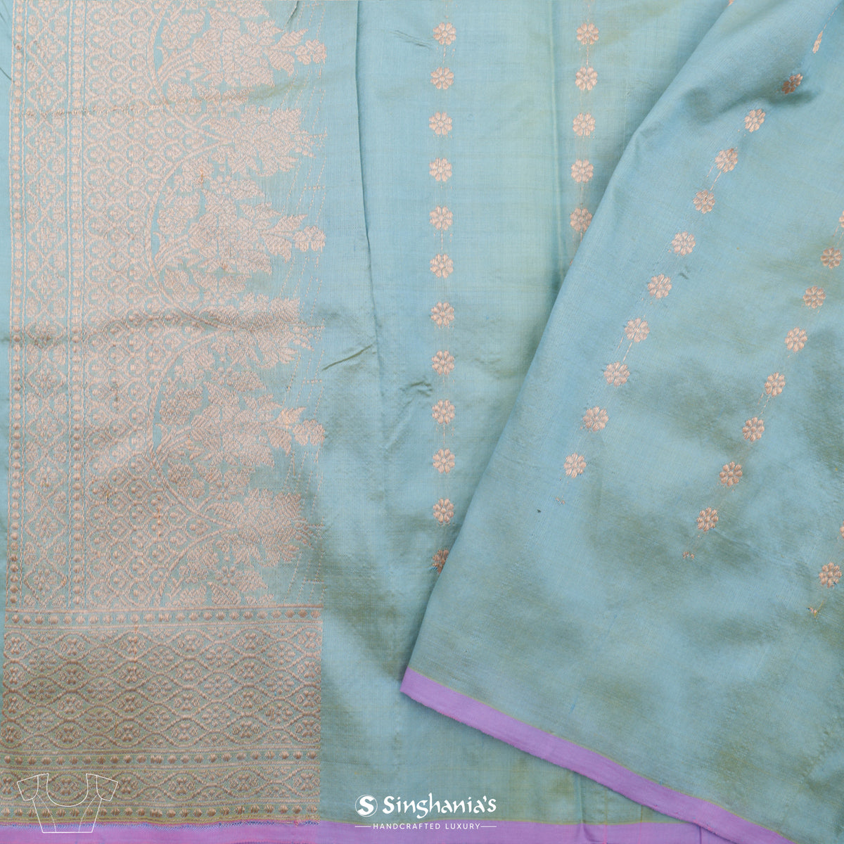 Pastel Powder Blue Banarasi Silk Saree With Floral Buttas-Stripes Design