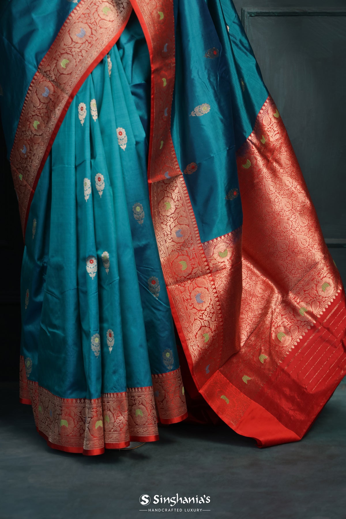 Munsell Blue Banarasi Silk Saree With Floral Buttas Design