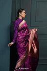 Purple Banarasi Silk Saree With Floral Buttas-Stripes Design