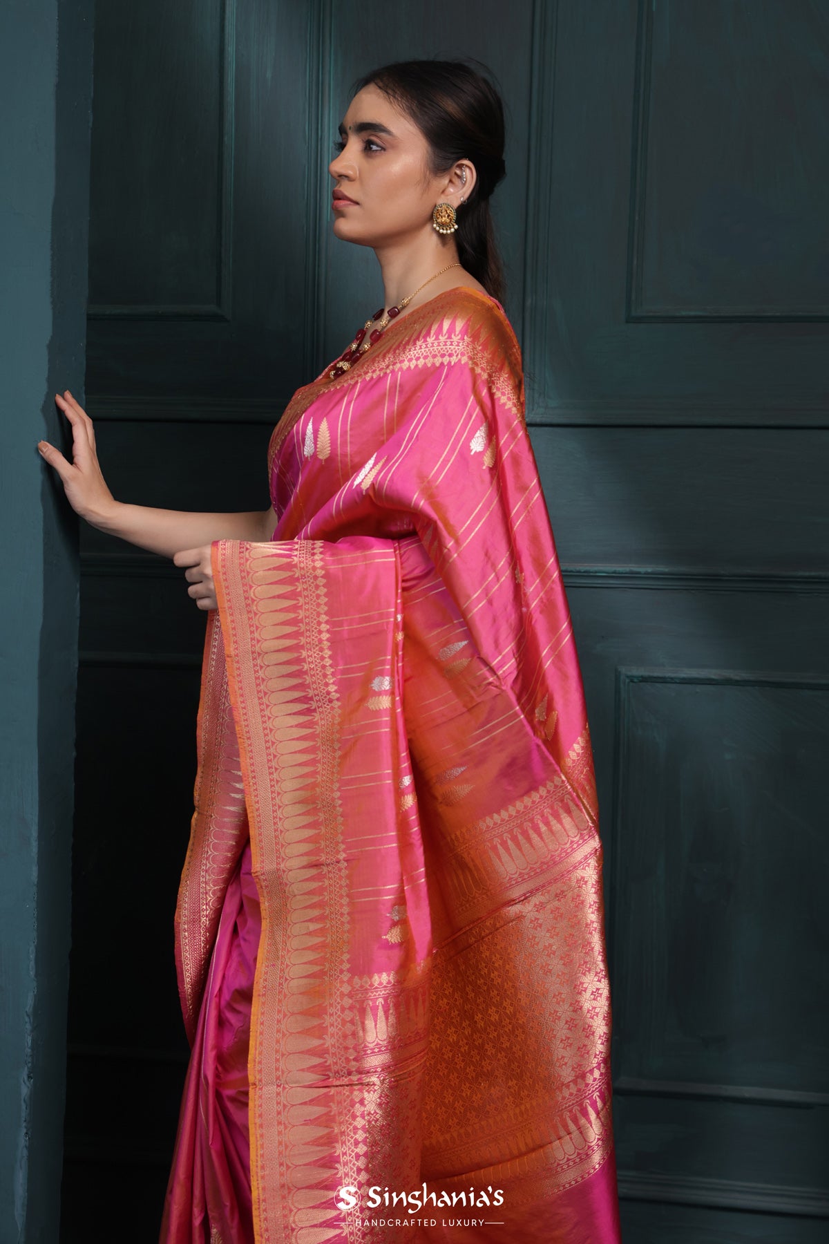 Light Crimson Pink Banarasi Silk Saree With Floral-Stripes Weaving