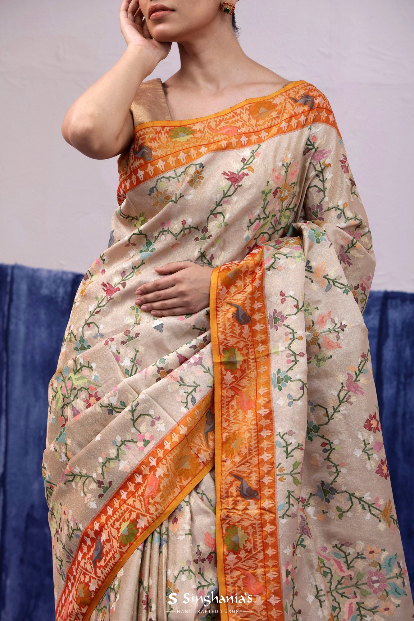 Beige Brown Banarasi Silk Saree With Floral Meenakari Weaving
