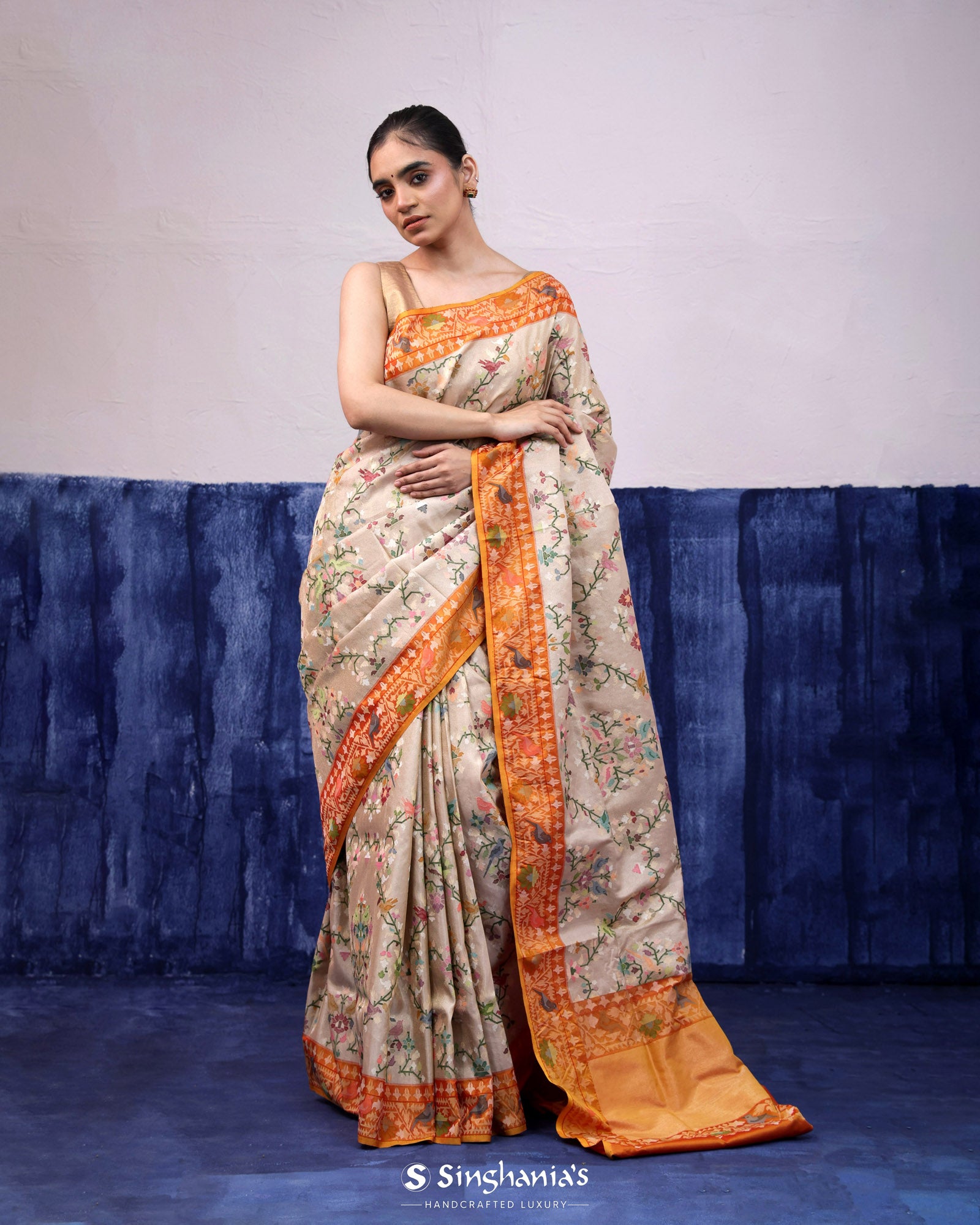 Beige Brown Banarasi Silk Saree With Floral Meenakari Weaving
