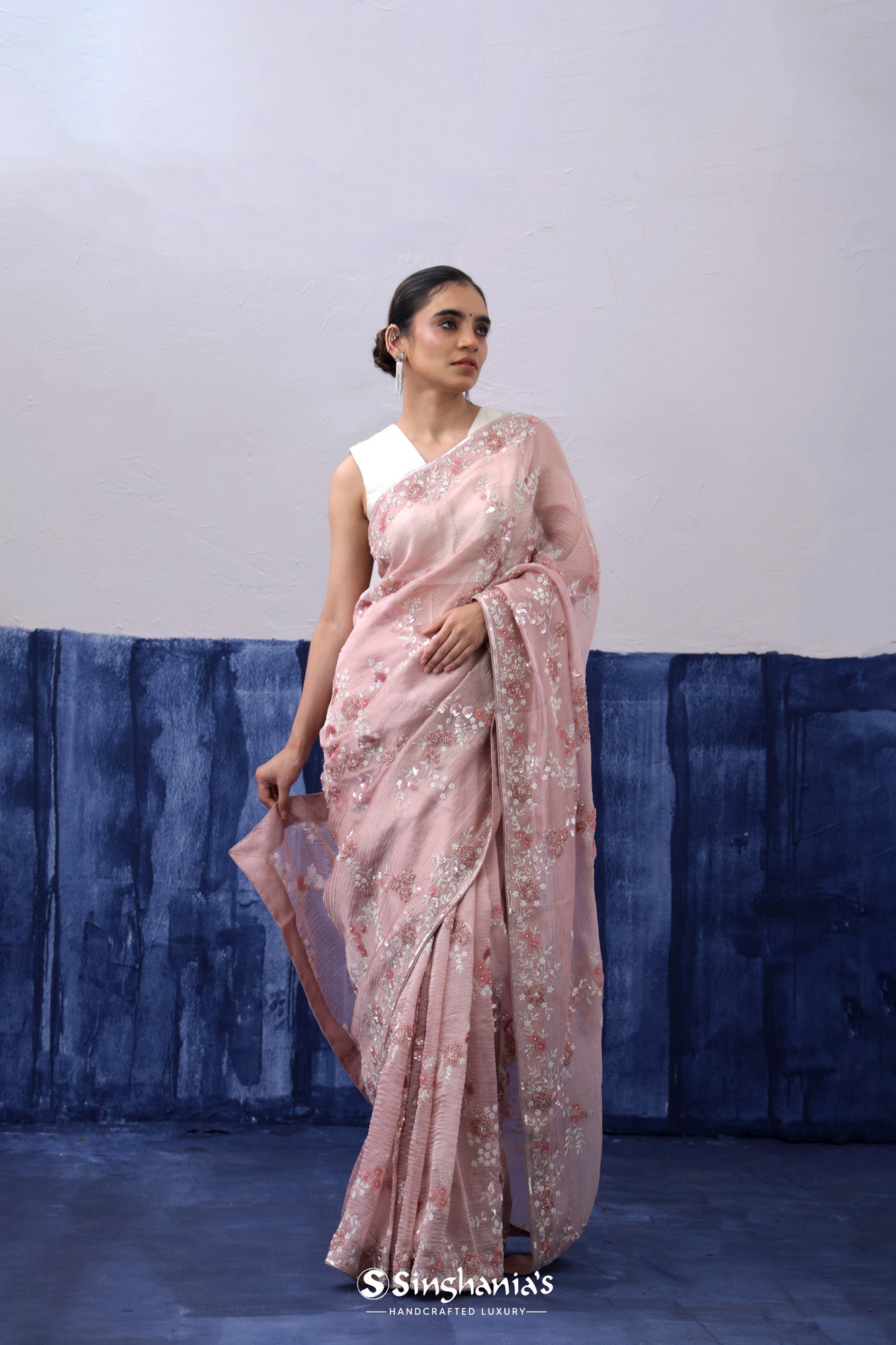 Tea Rose Pink Crushed Tissue Organza Saree With Hand Embroidery