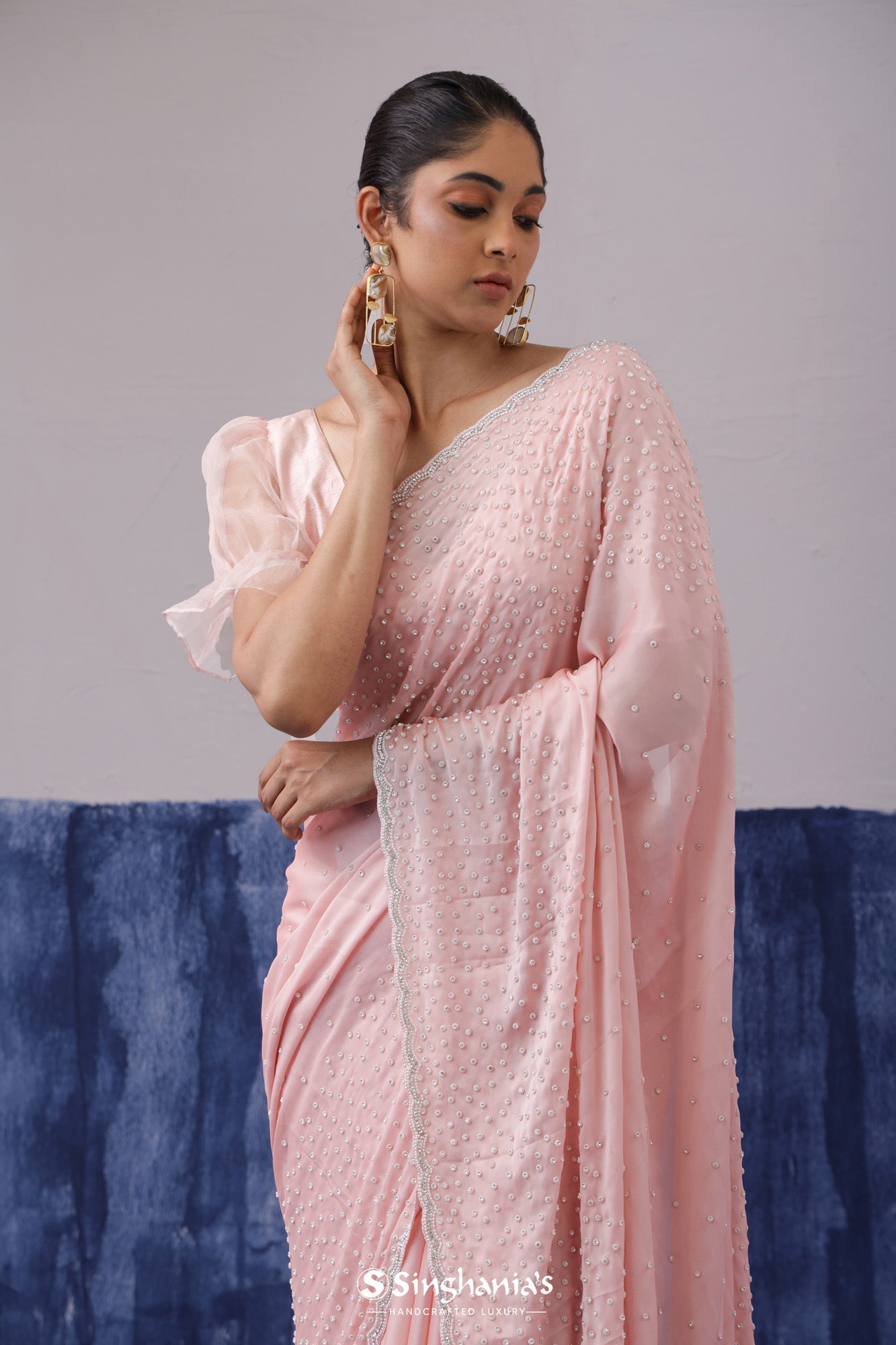 Pastel Pink Tissue Organza Saree With Butti Embroidery