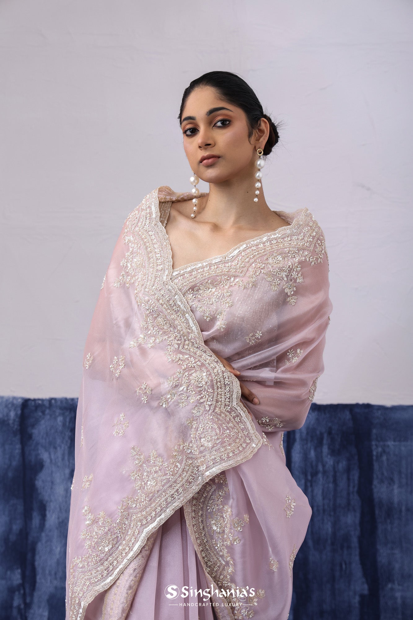Thistle Pink Tissue Organza Saree With Embroidery Butta