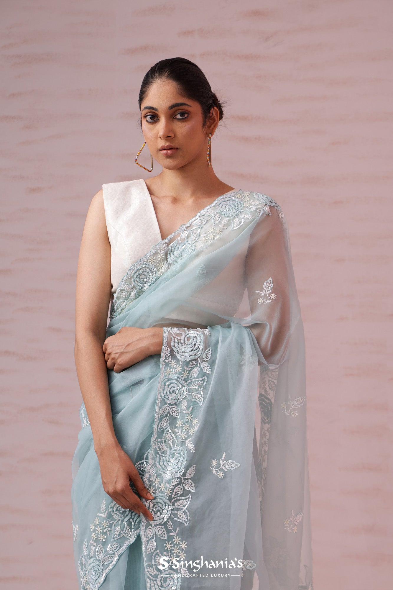 Powder Blue Organza Saree With Floral Embroidery