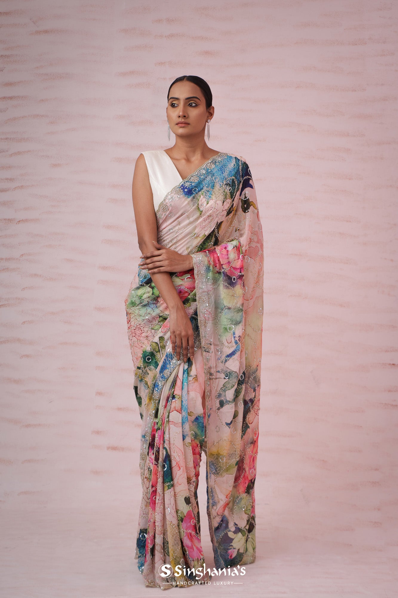 Pale Peach Printed Georgette Saree With Hand Embroidery