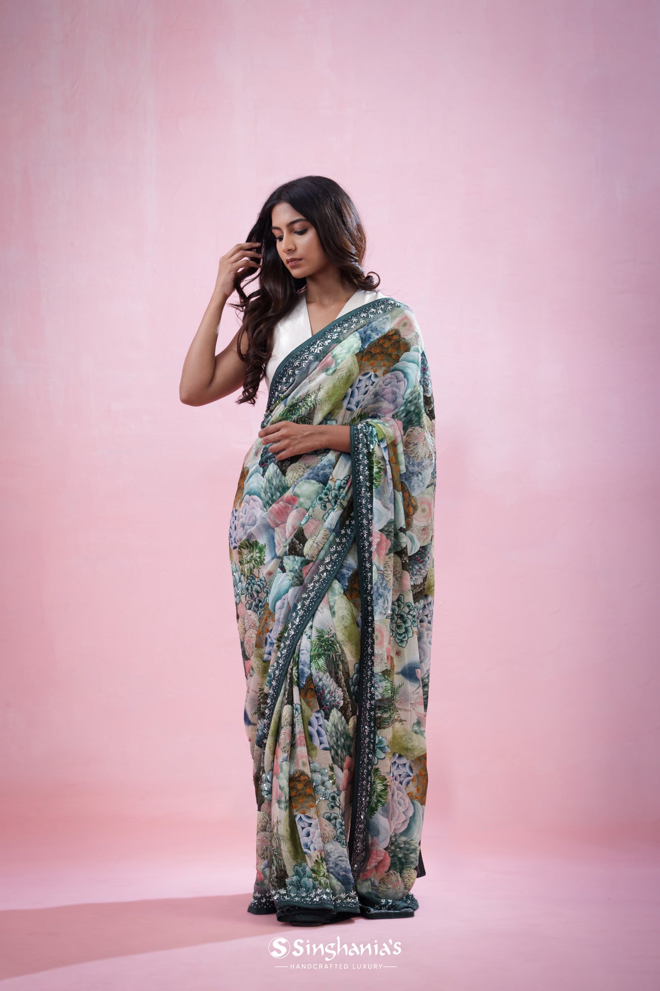 Pale Green Printed Georgette Saree With Hand Embroidery