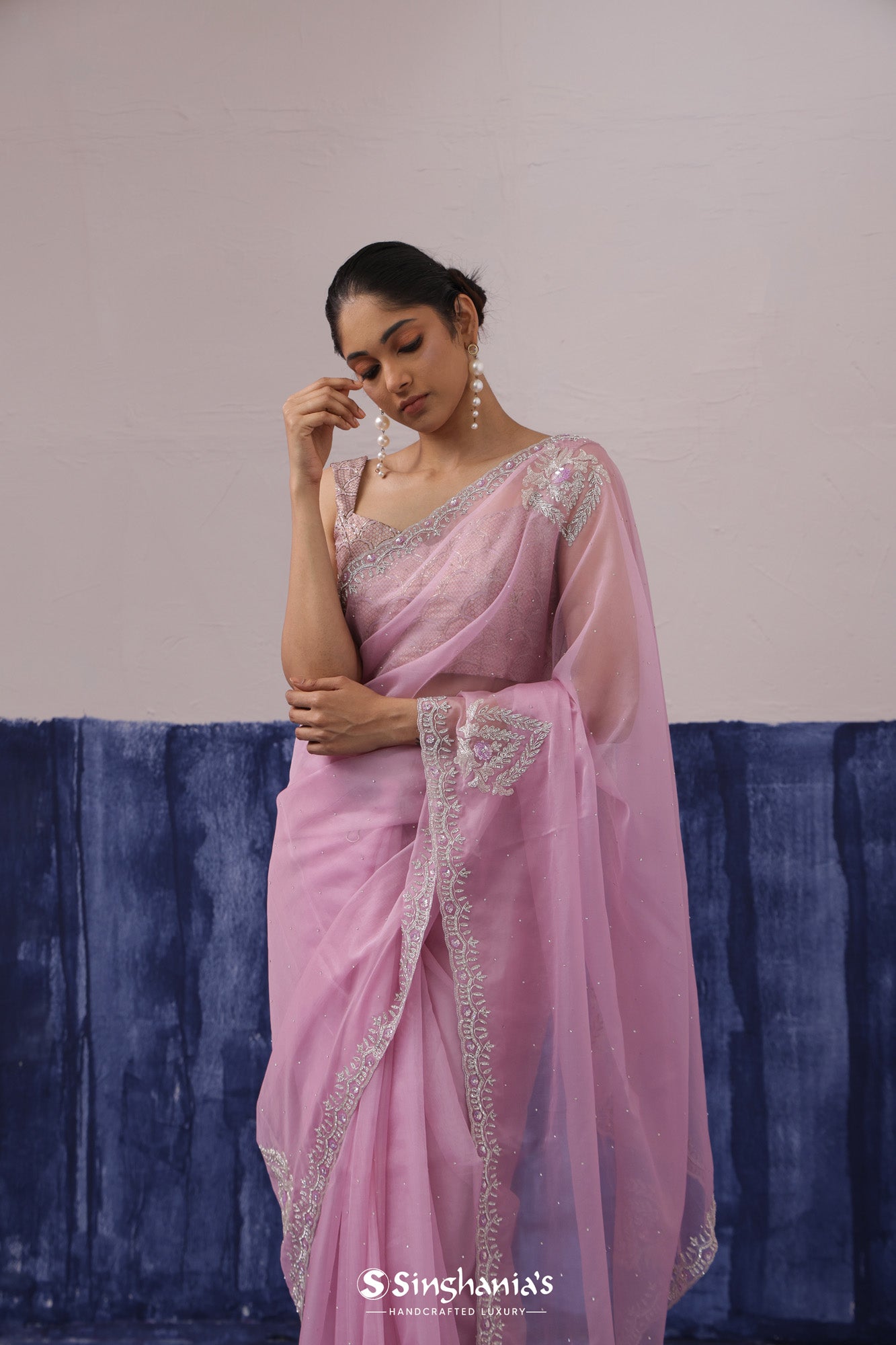 Carnation Pink Embroidery Organza Saree With Butta Motif