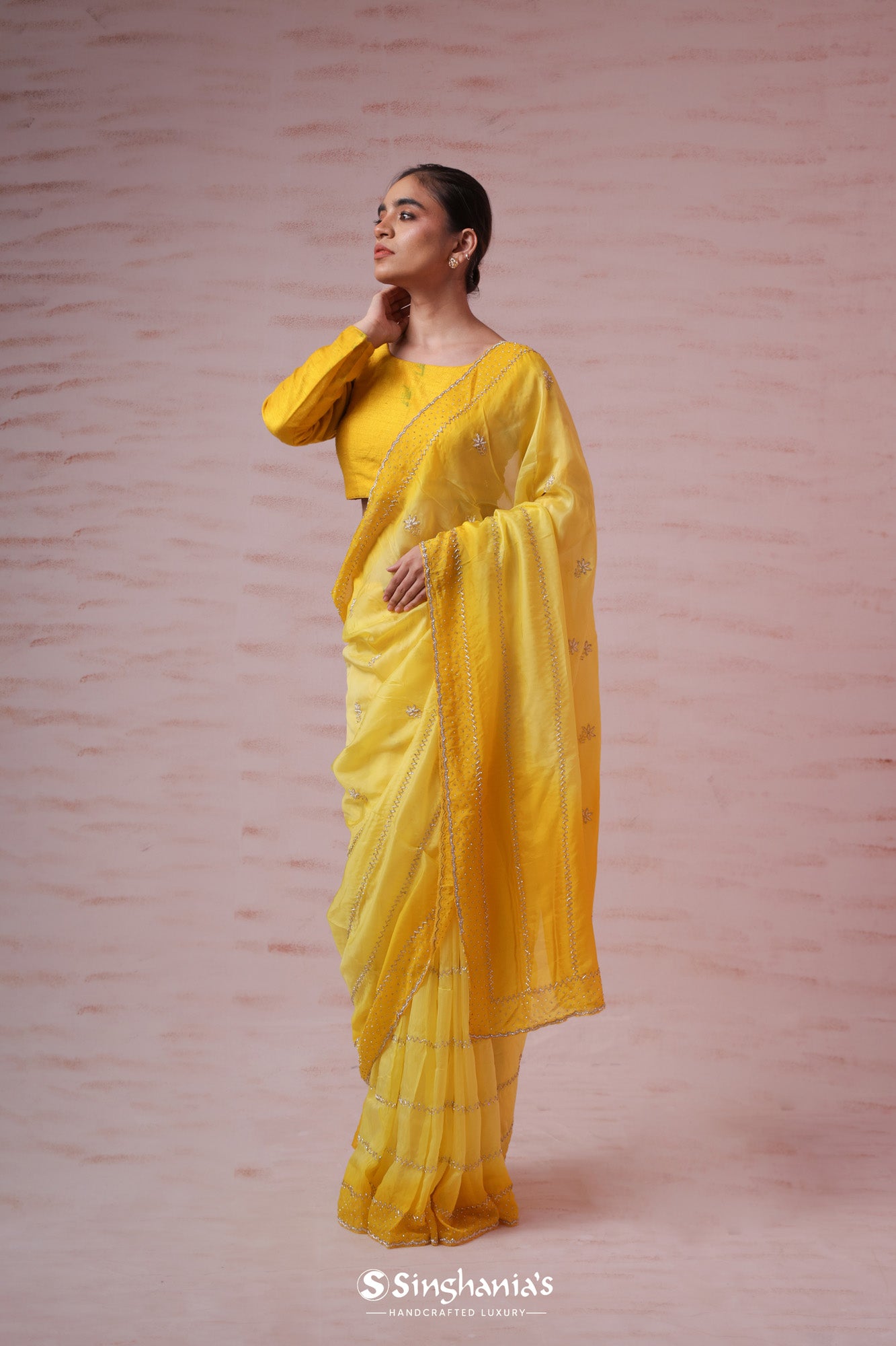 Royal Yellow Organza Saree With Floral Butti Embroidery