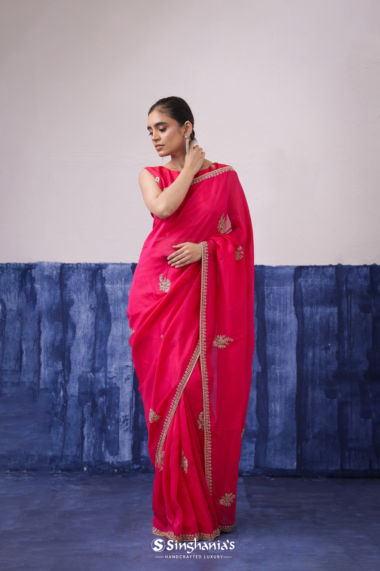Amaranth Pink Organza Saree With Floral Butti Embroidery