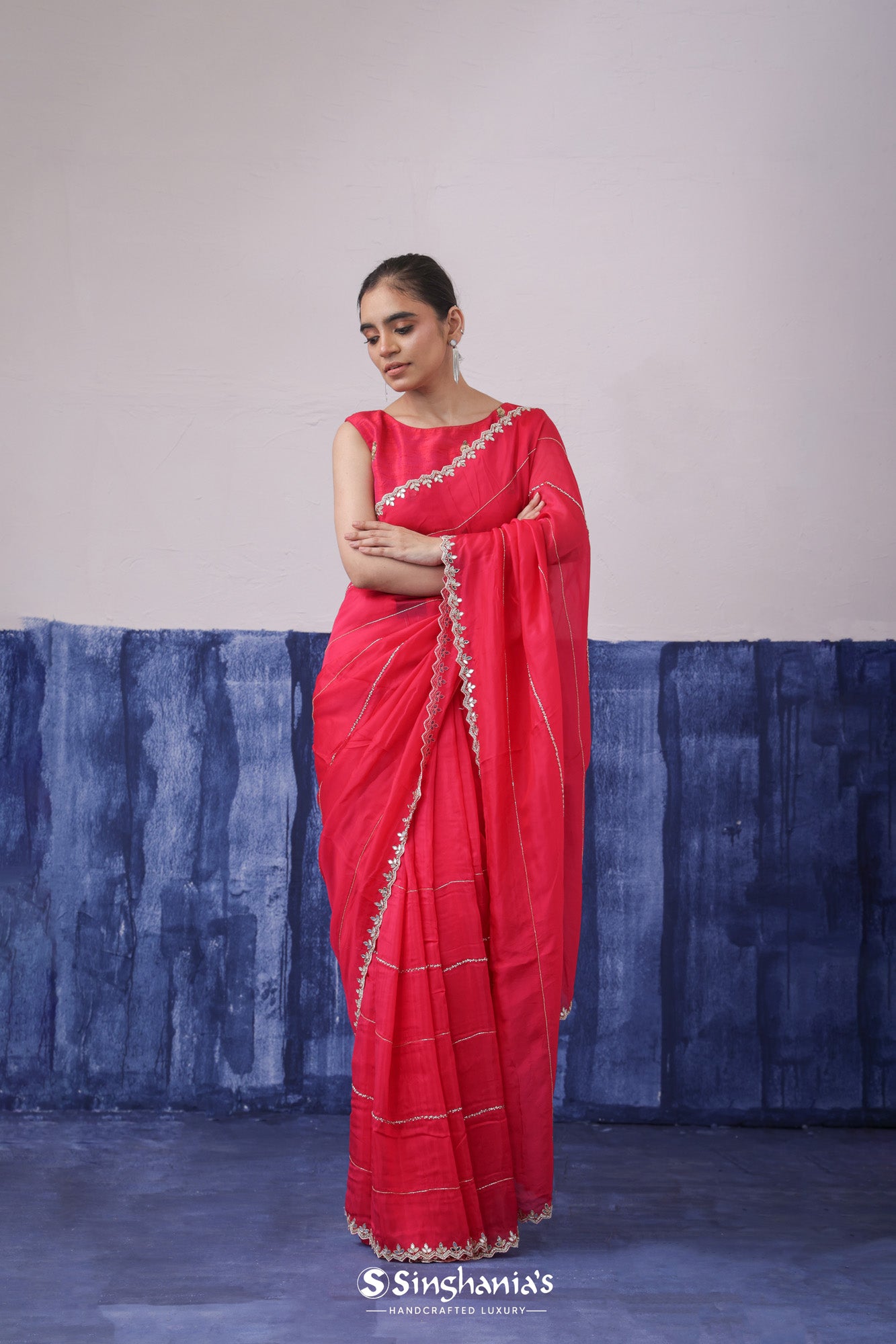 Crayola Red Organza Saree With Hand Embroidery