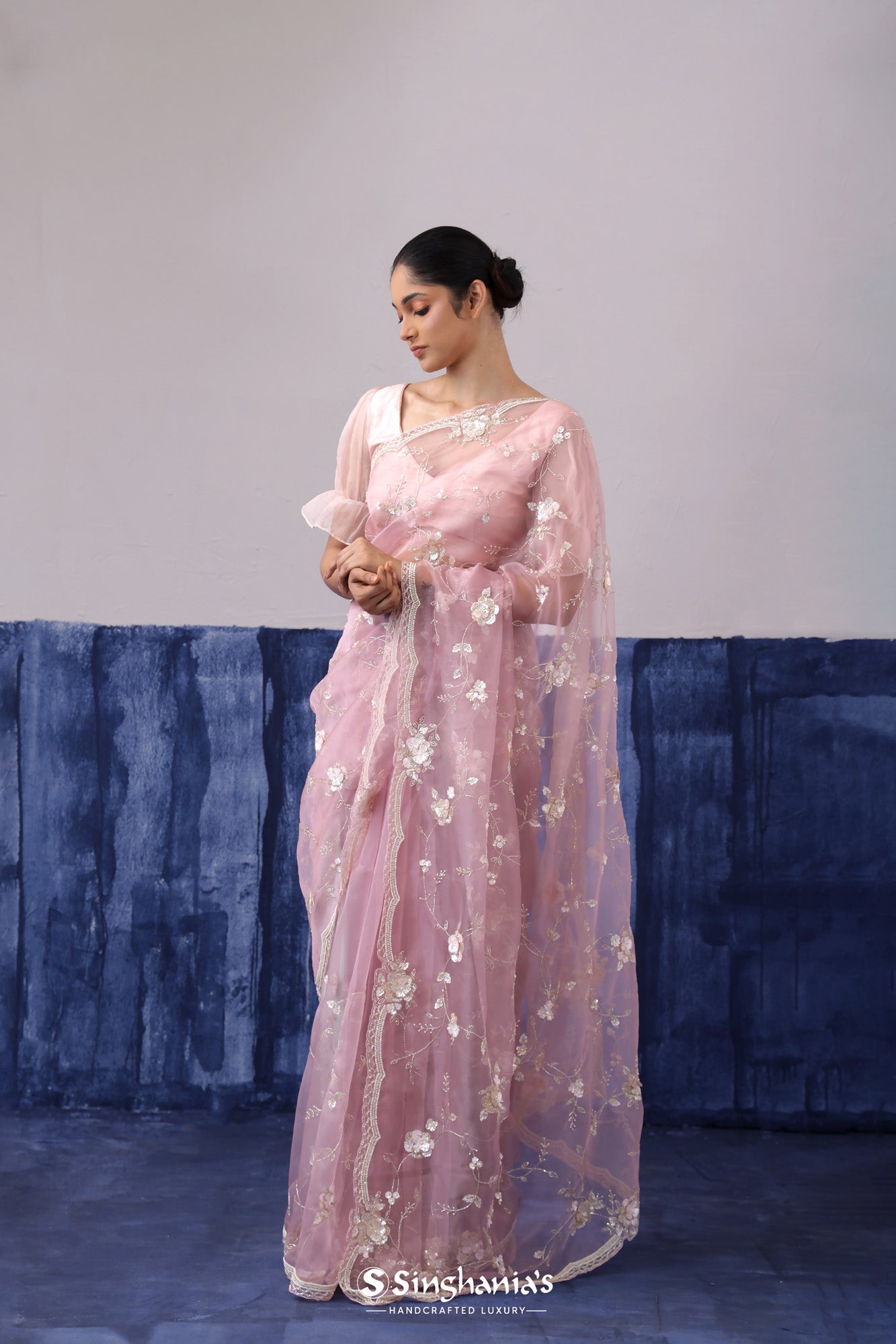 Lemonade Pink Embroidered Tissue Organza Saree With Jaal Pattern