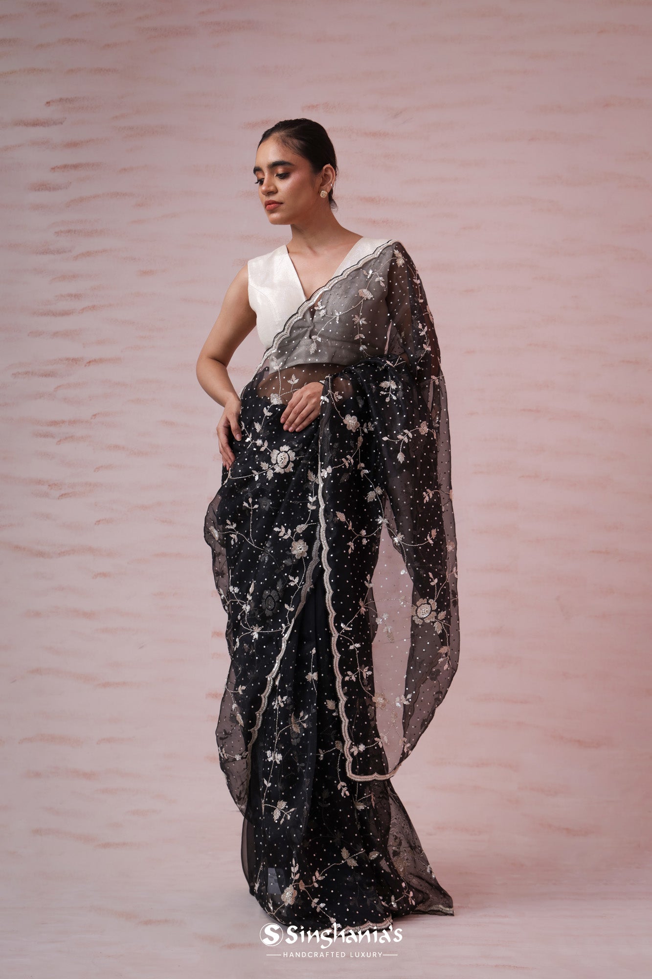 Black Organza Embroidery Saree With Floral Jaal Design