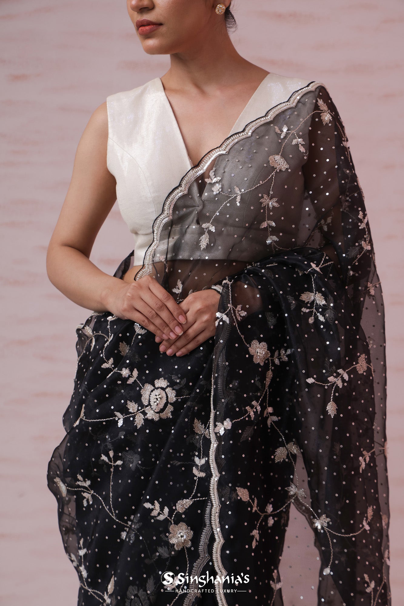 Black Organza Embroidery Saree With Floral Jaal Design
