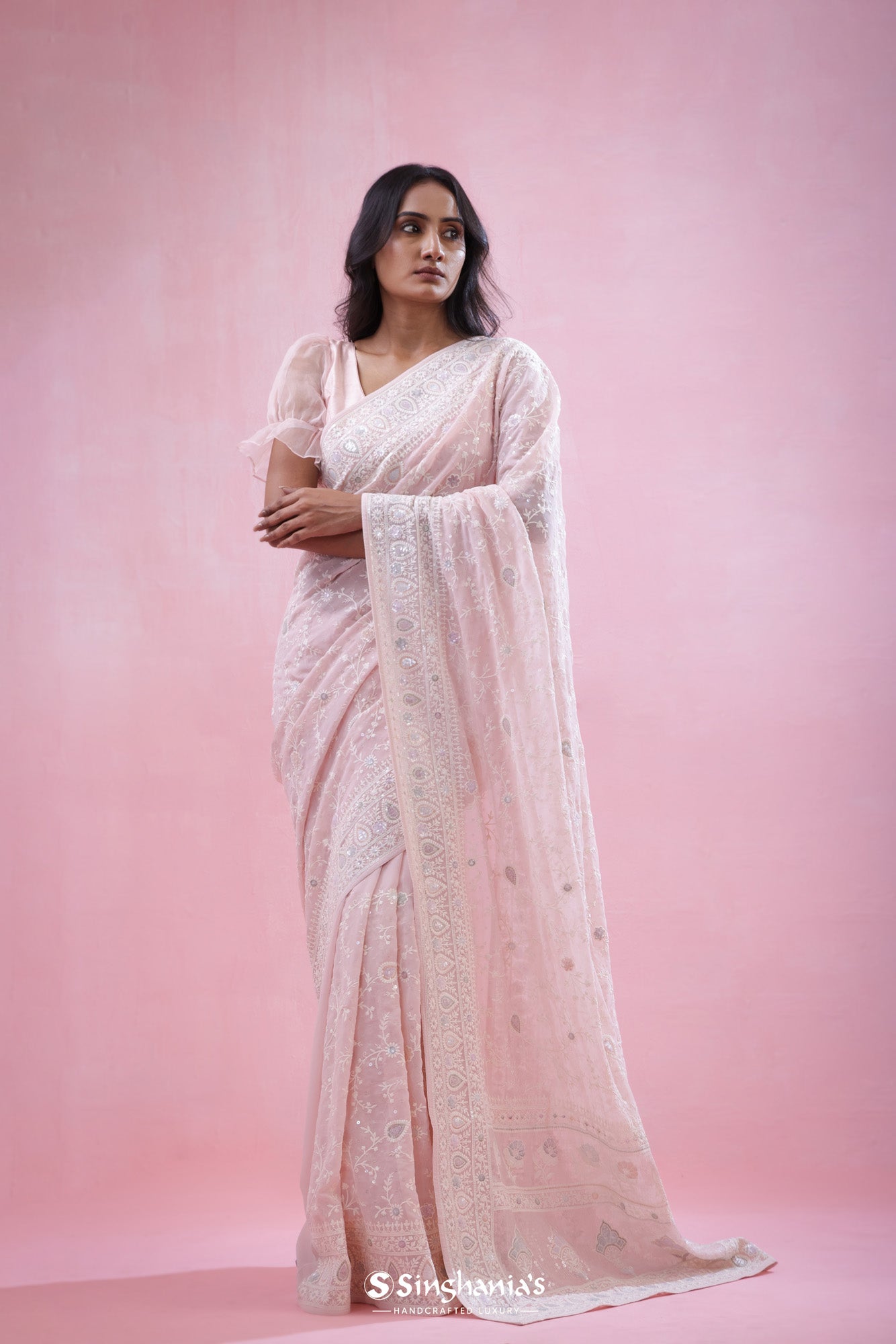 Off White Georgette Saree With Hand Embroidery
