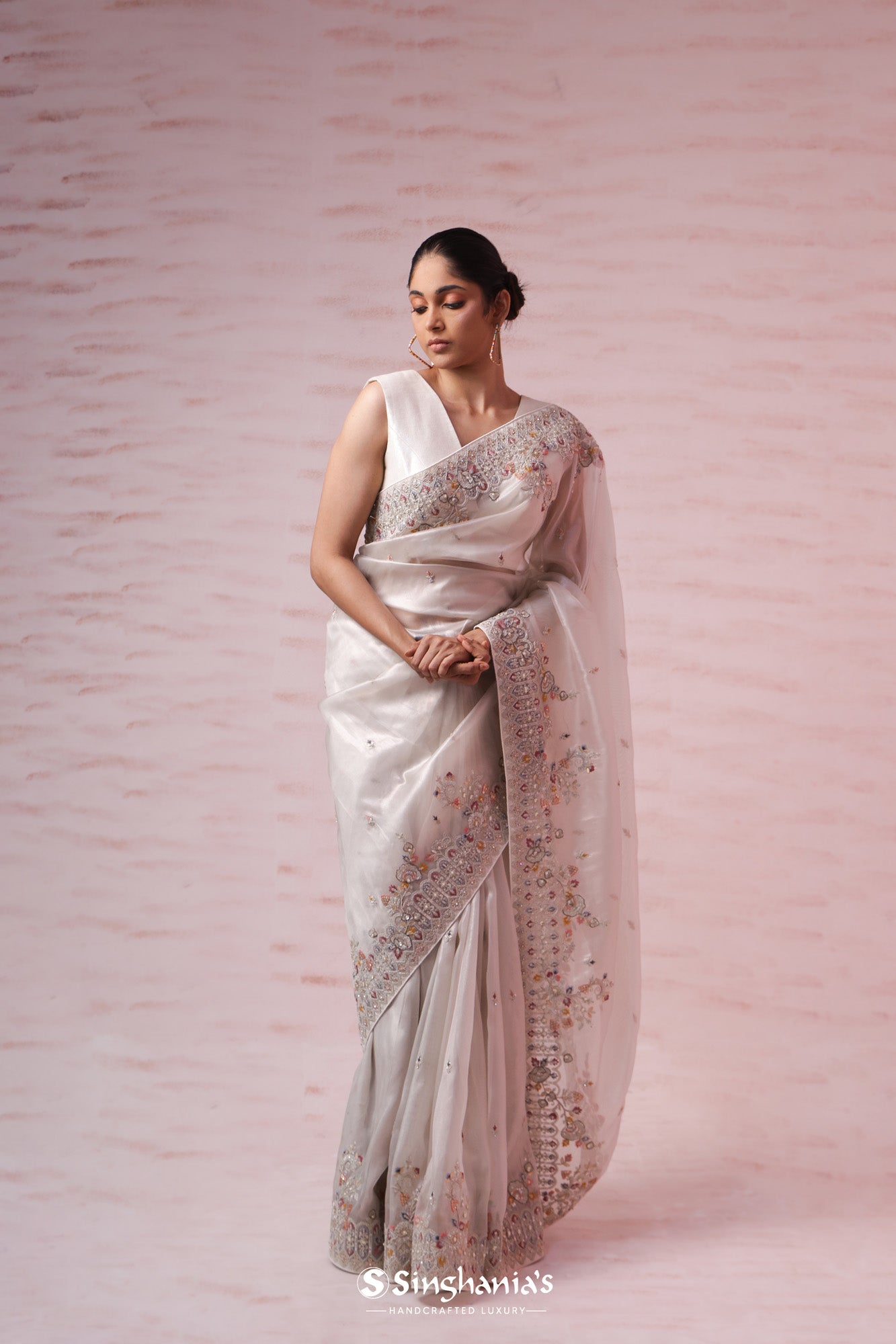 Spring White Tissue Organza Saree With Hand Embroidery