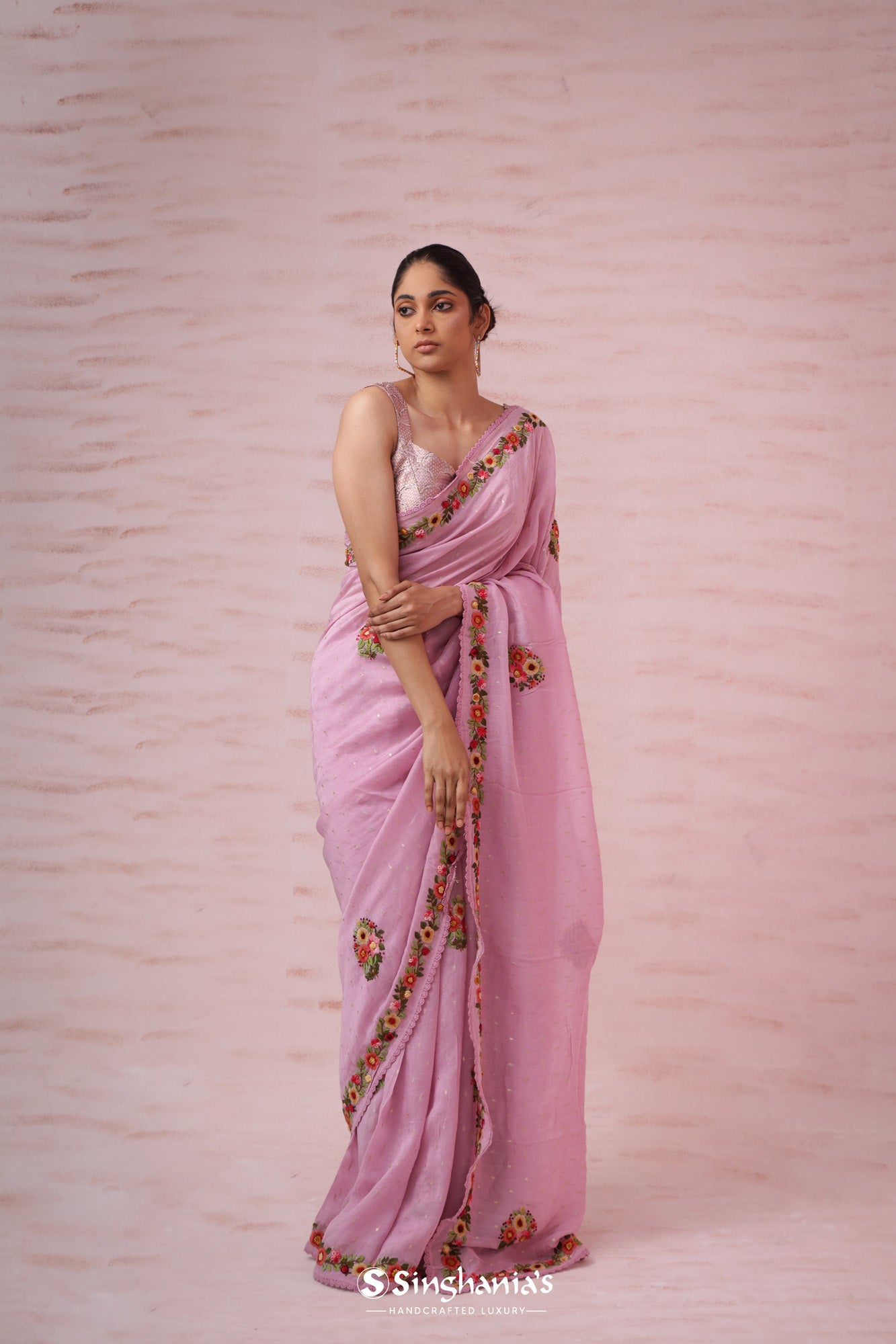 Lace Pink Tussar Saree With Resham Embroidery