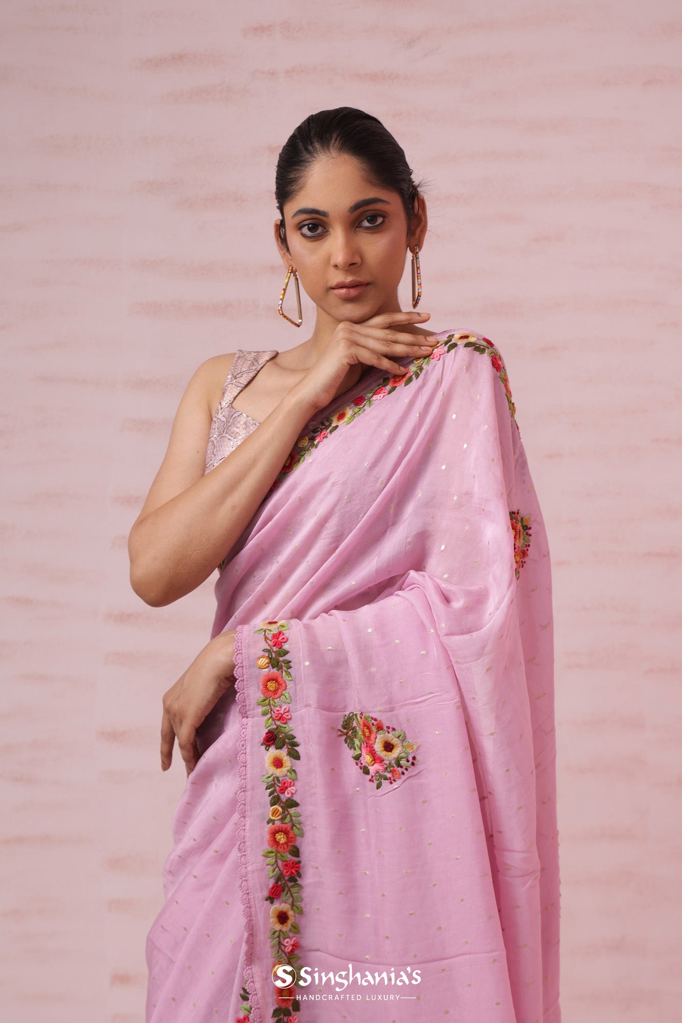 Lace Pink Tussar Saree With Resham Embroidery