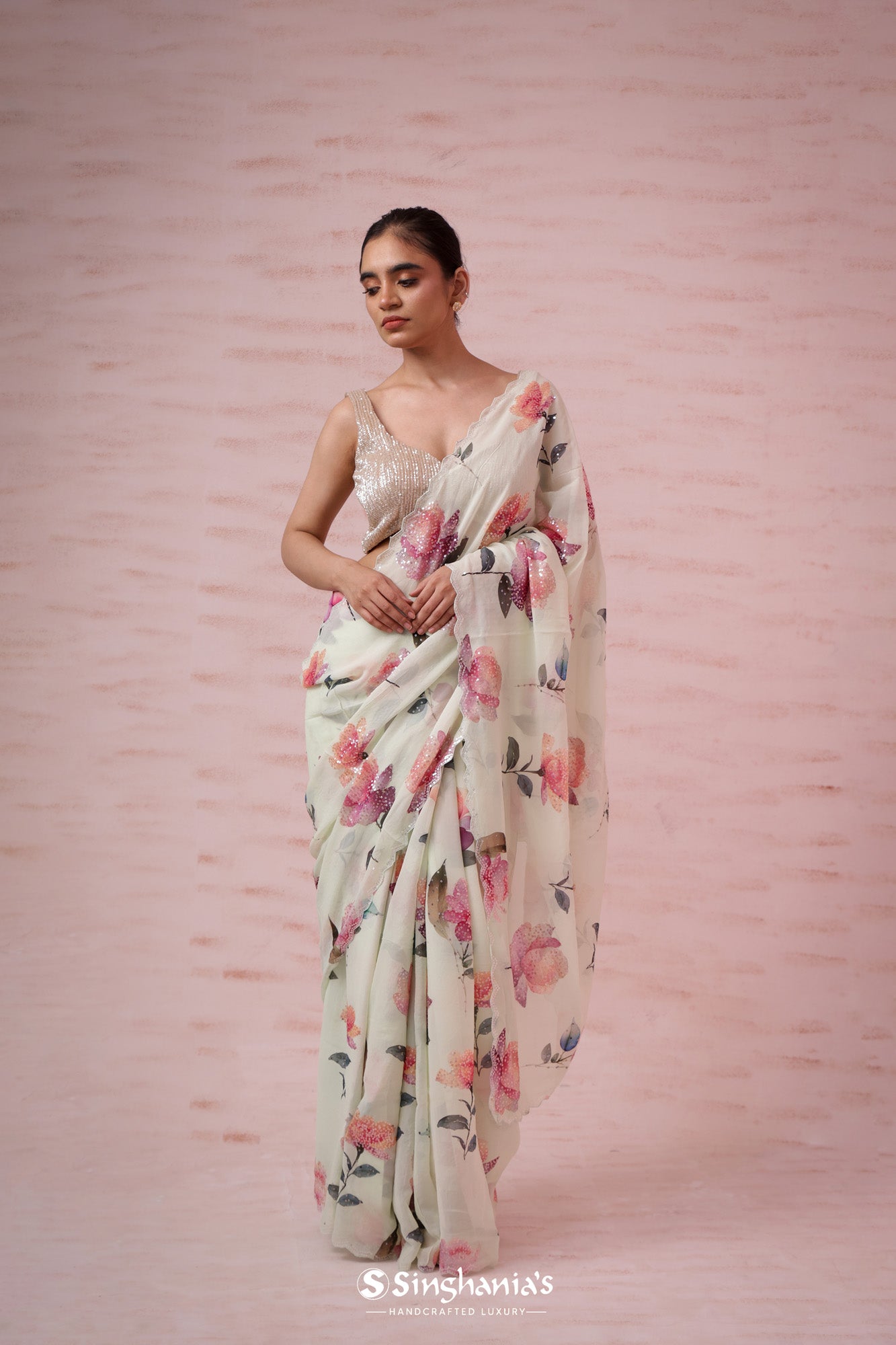 Peppermint White Printed Georgette Saree With Hand Embroidery