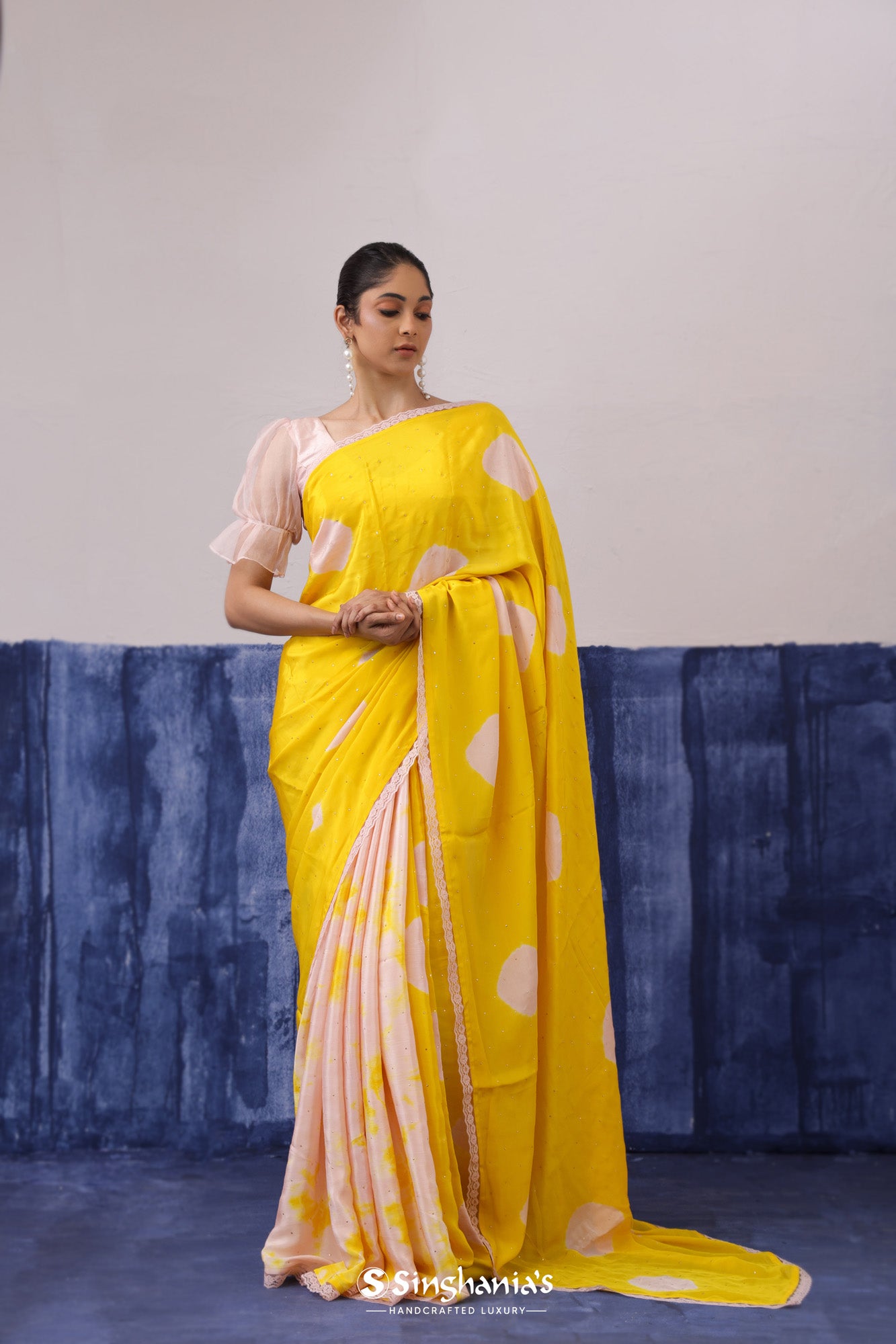 Peach Yellow Satin Saree With Tie-Dye Pattern