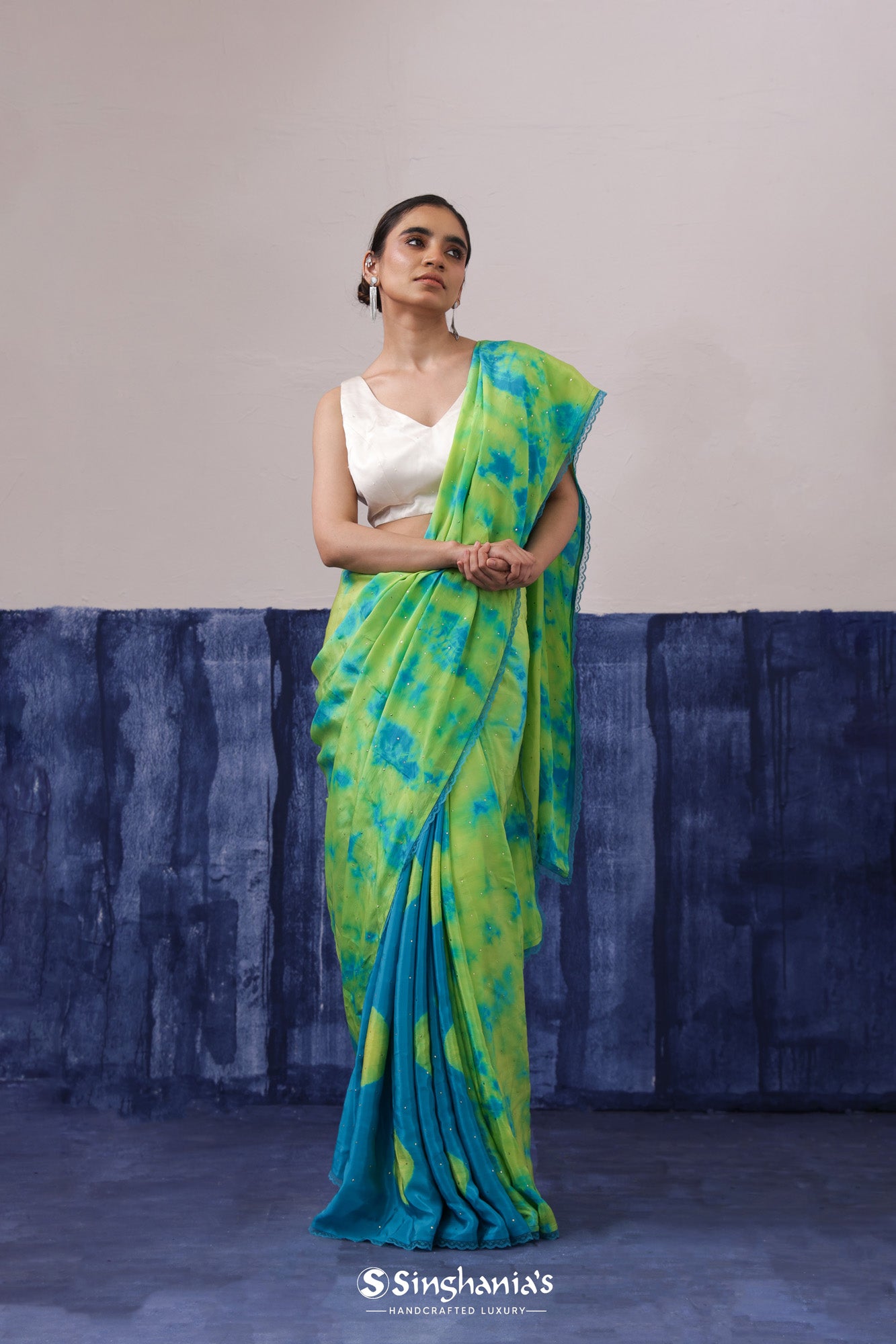 Corn Green Satin Saree With Tie-Dye Pattern
