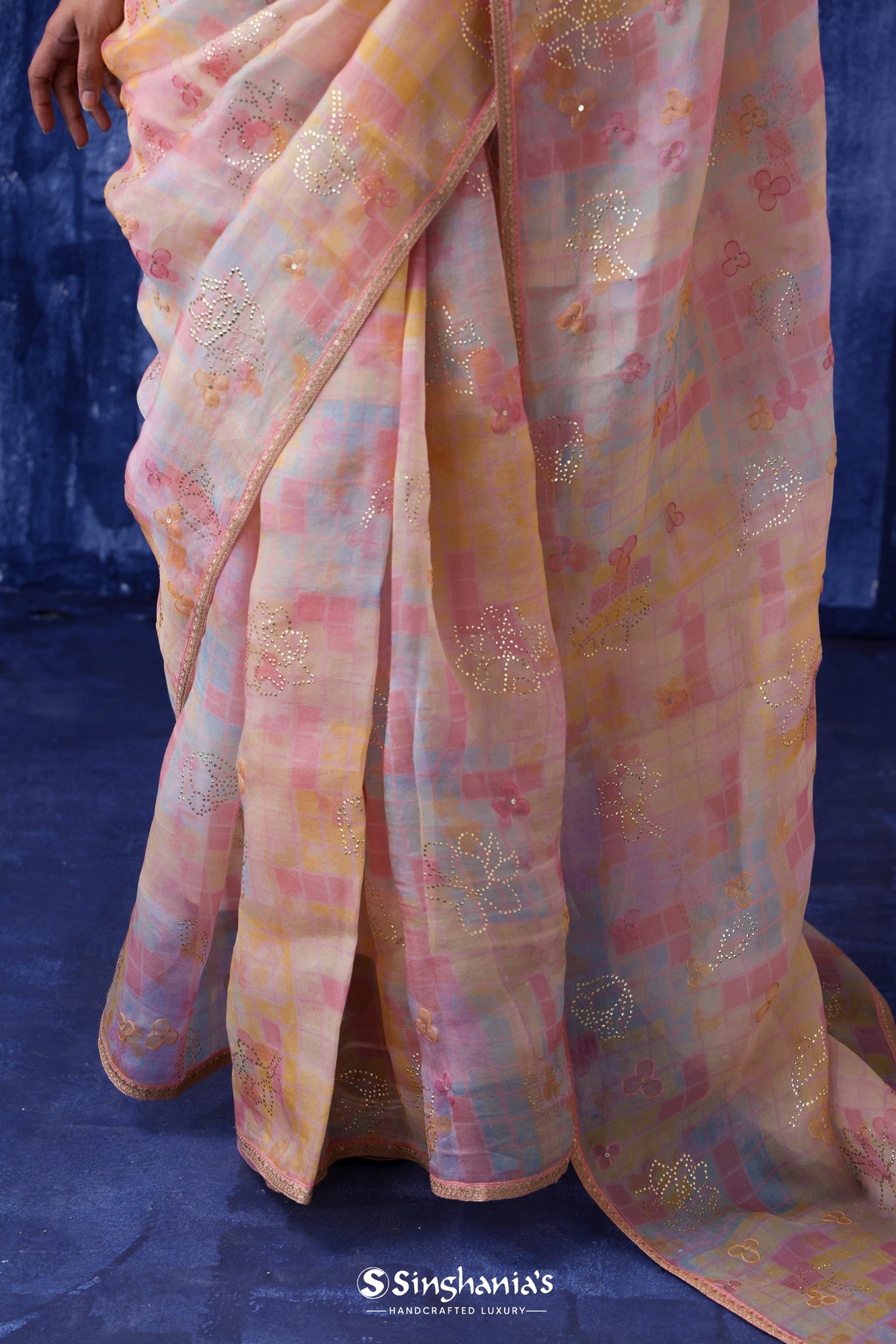 Pale Pink Printed Organza Saree With Floral Embroidery