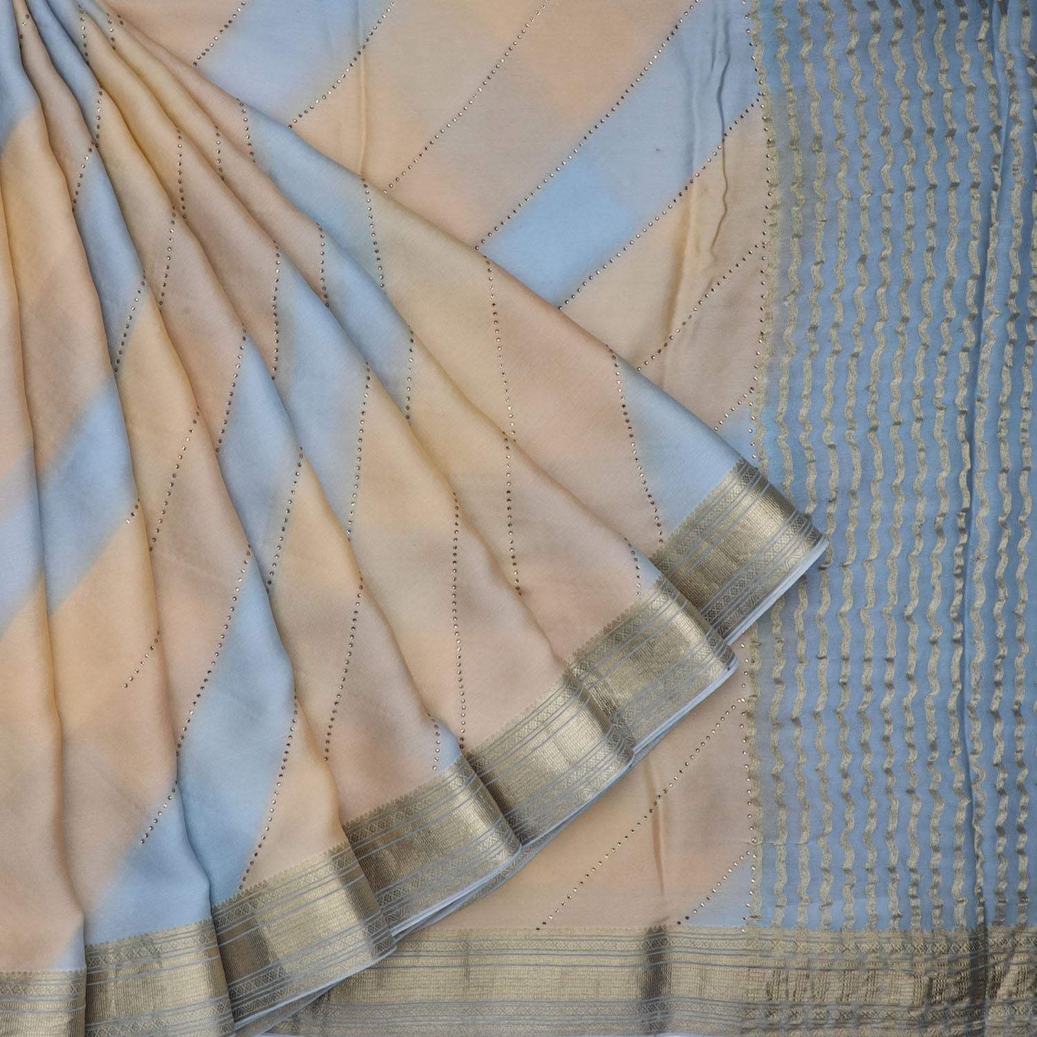 Khaki And Blue Ombre Georgette Embroidery Saree With Striped Pattern - Singhania's