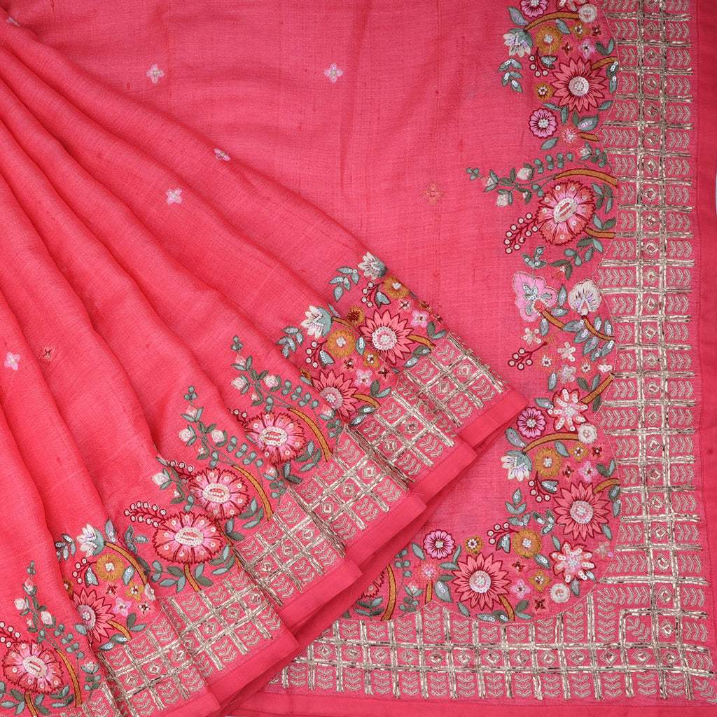 Imperial Red Tussar Saree With Floral Embroidery - Singhania's
