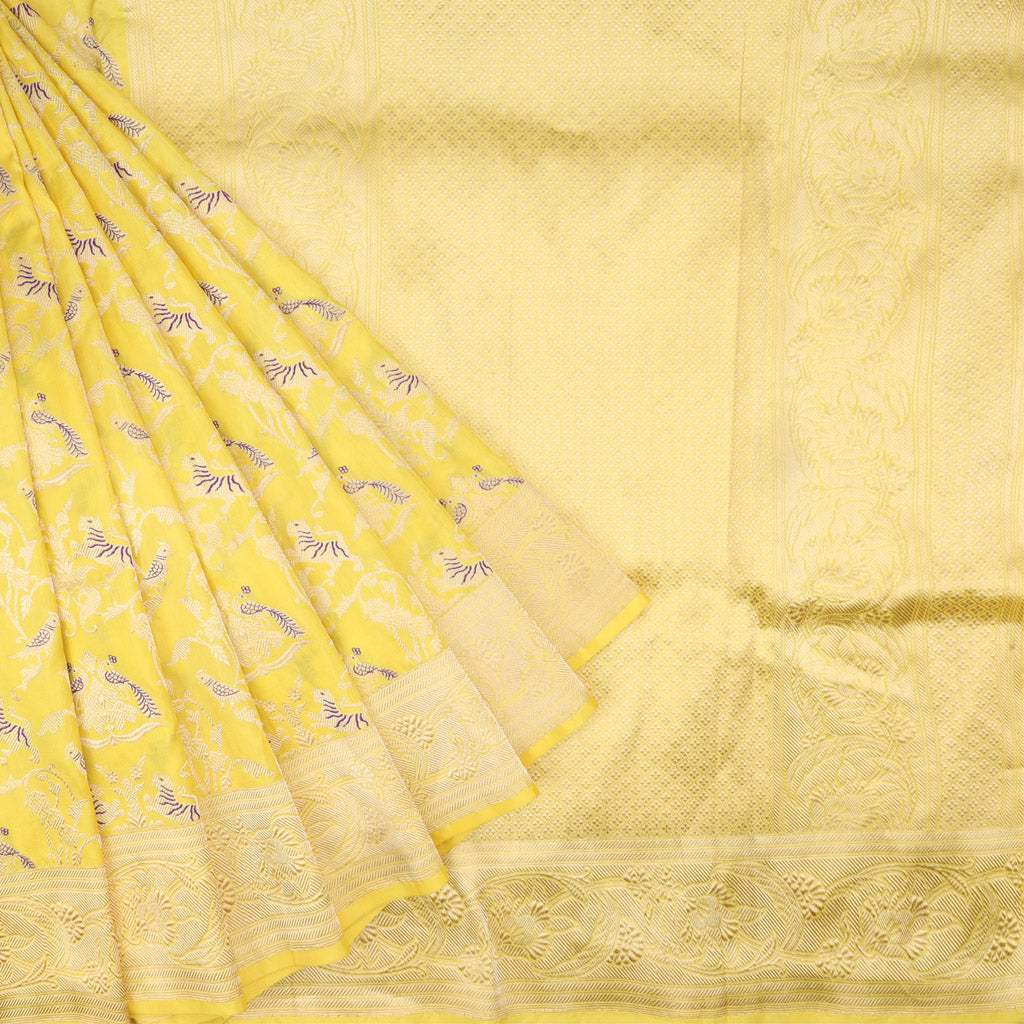 Bright Yellow Banarasi Silk Handloom Saree - Singhania's