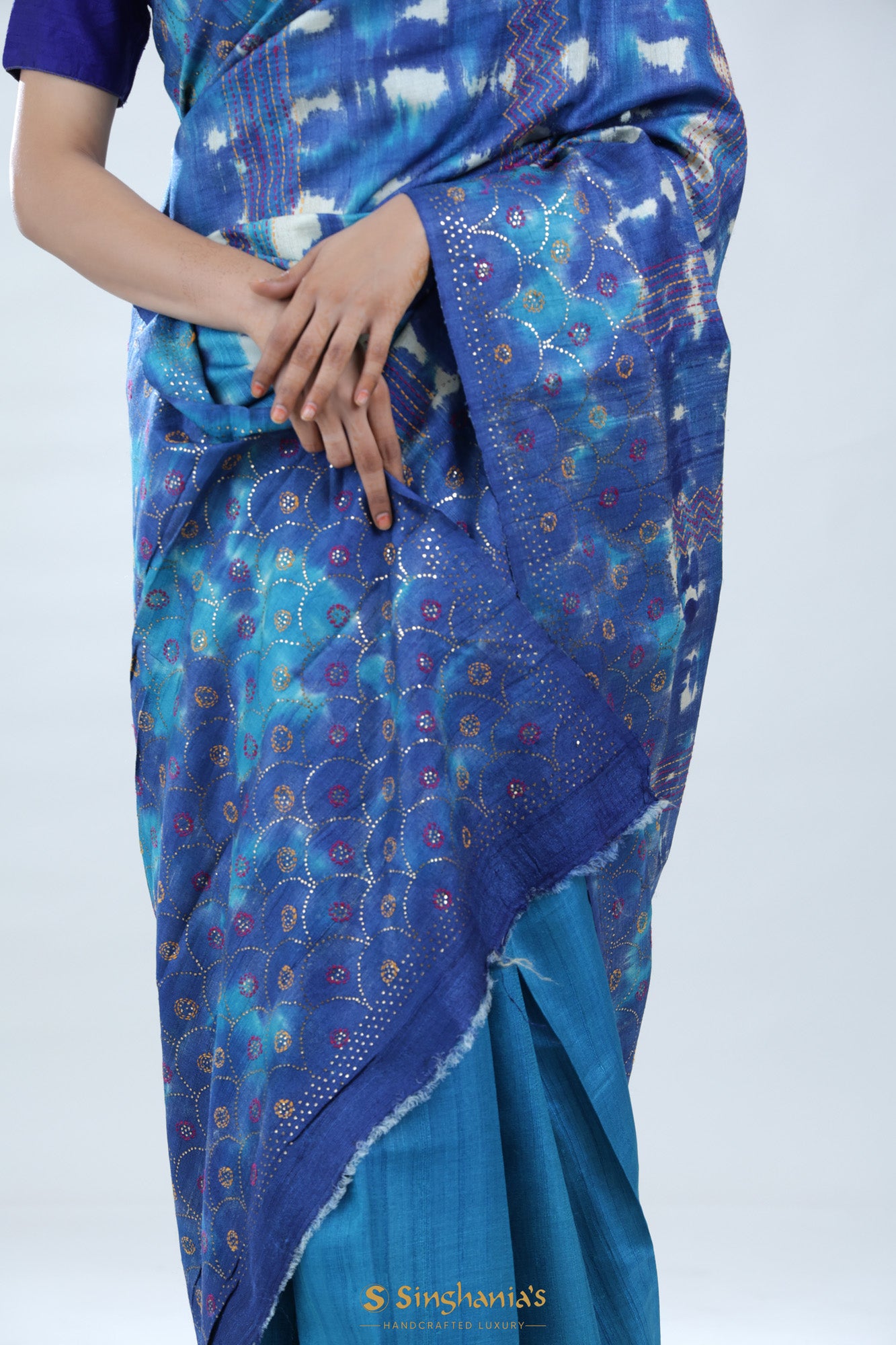 Blue Multicolour Tussar Printed Saree