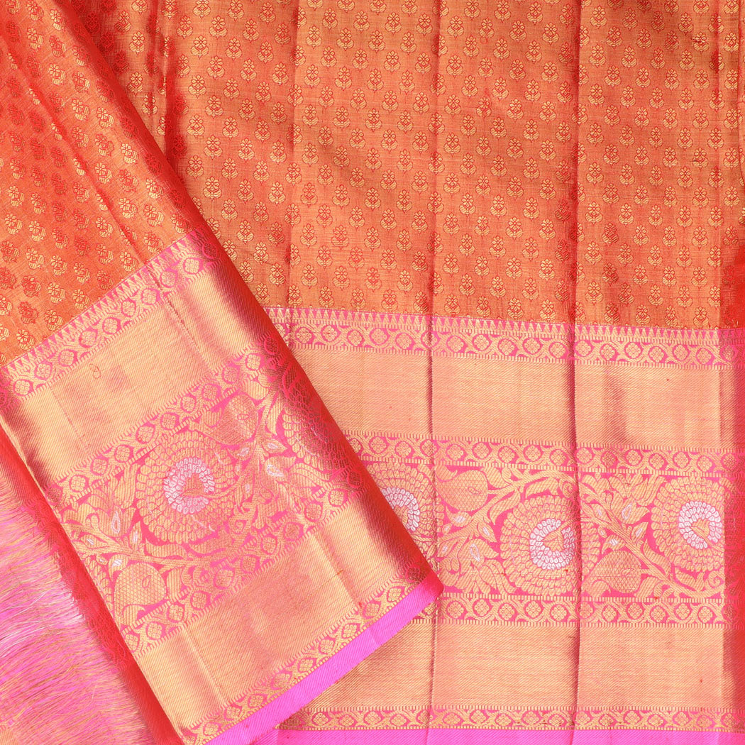 Orange Tissue Kanjivaram Silk Saree With Floral And Bird Motif Pattern