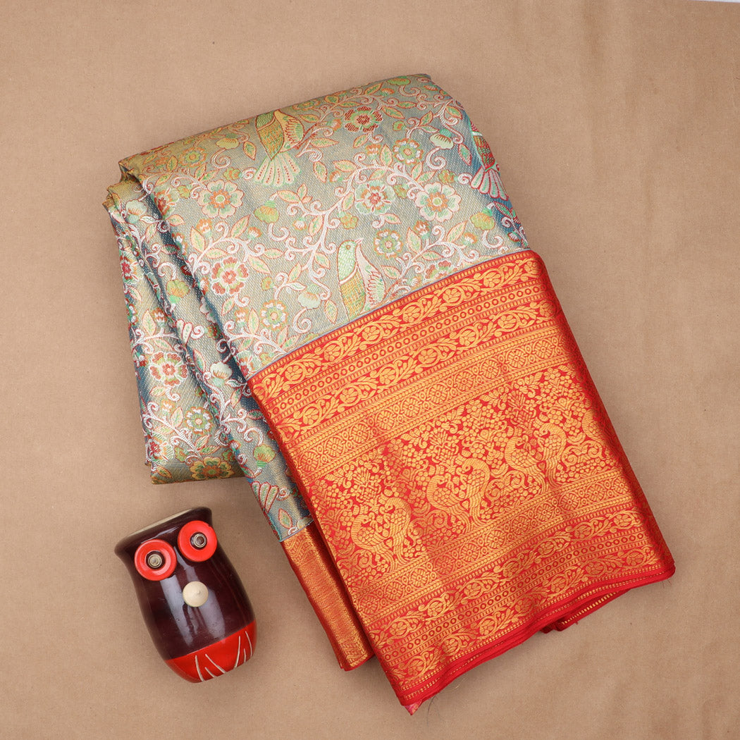 Bluish Grey Tissue Kanjivaram Silk Saree With Floral And Bird Pattern