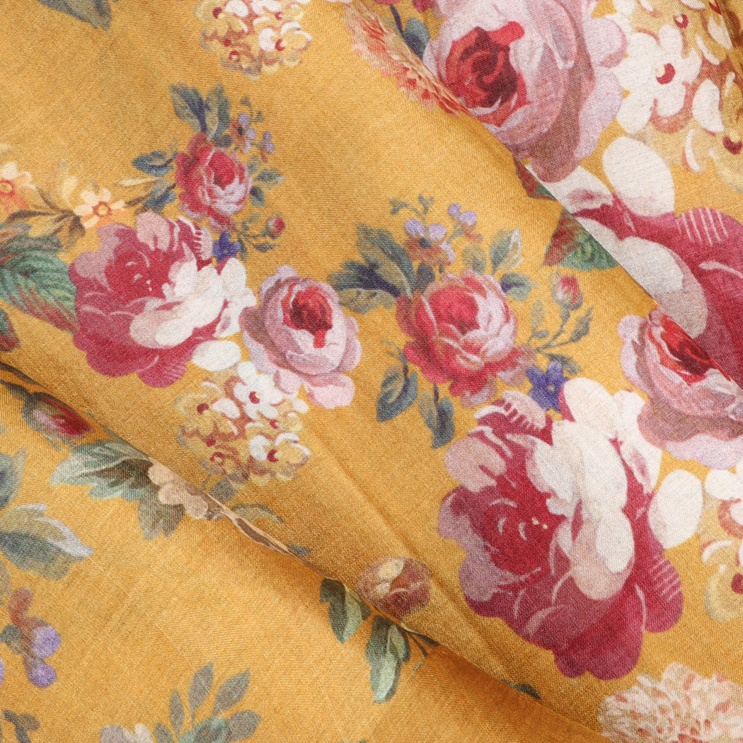 Mustard Yellow Tussar Saree With Printed Floral Motifs