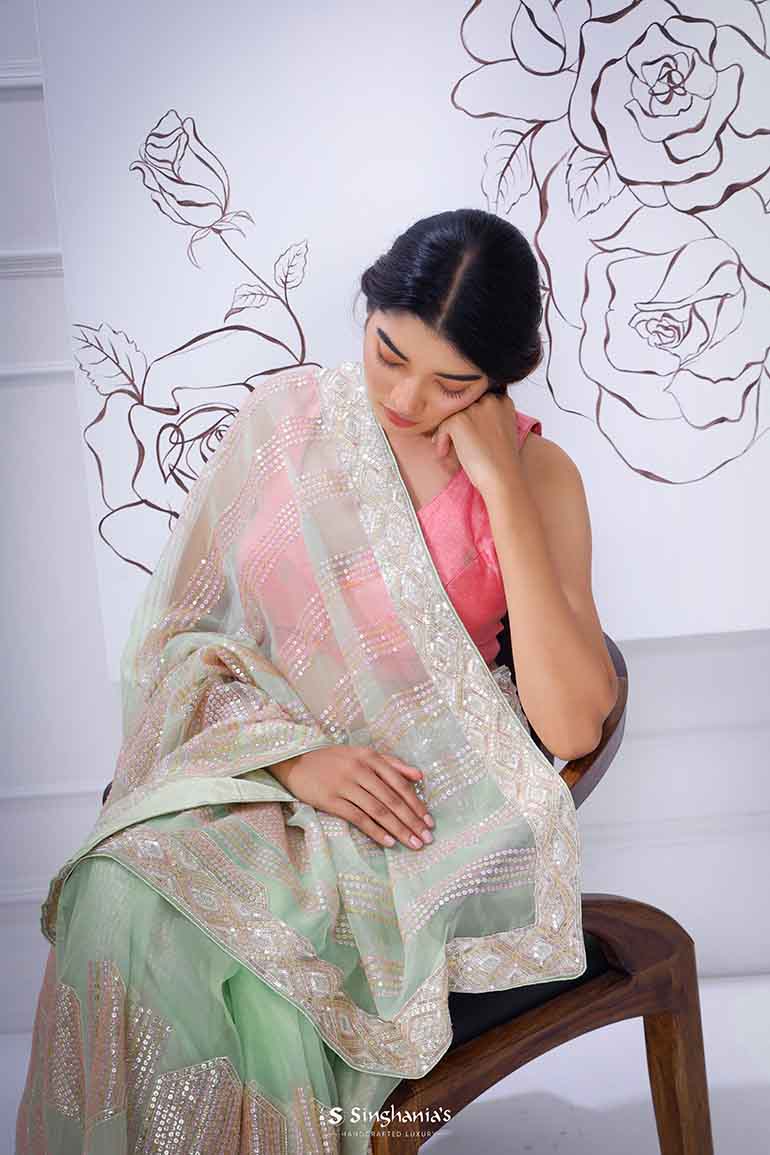 Celadon Organza Saree With Hand Embroidery
