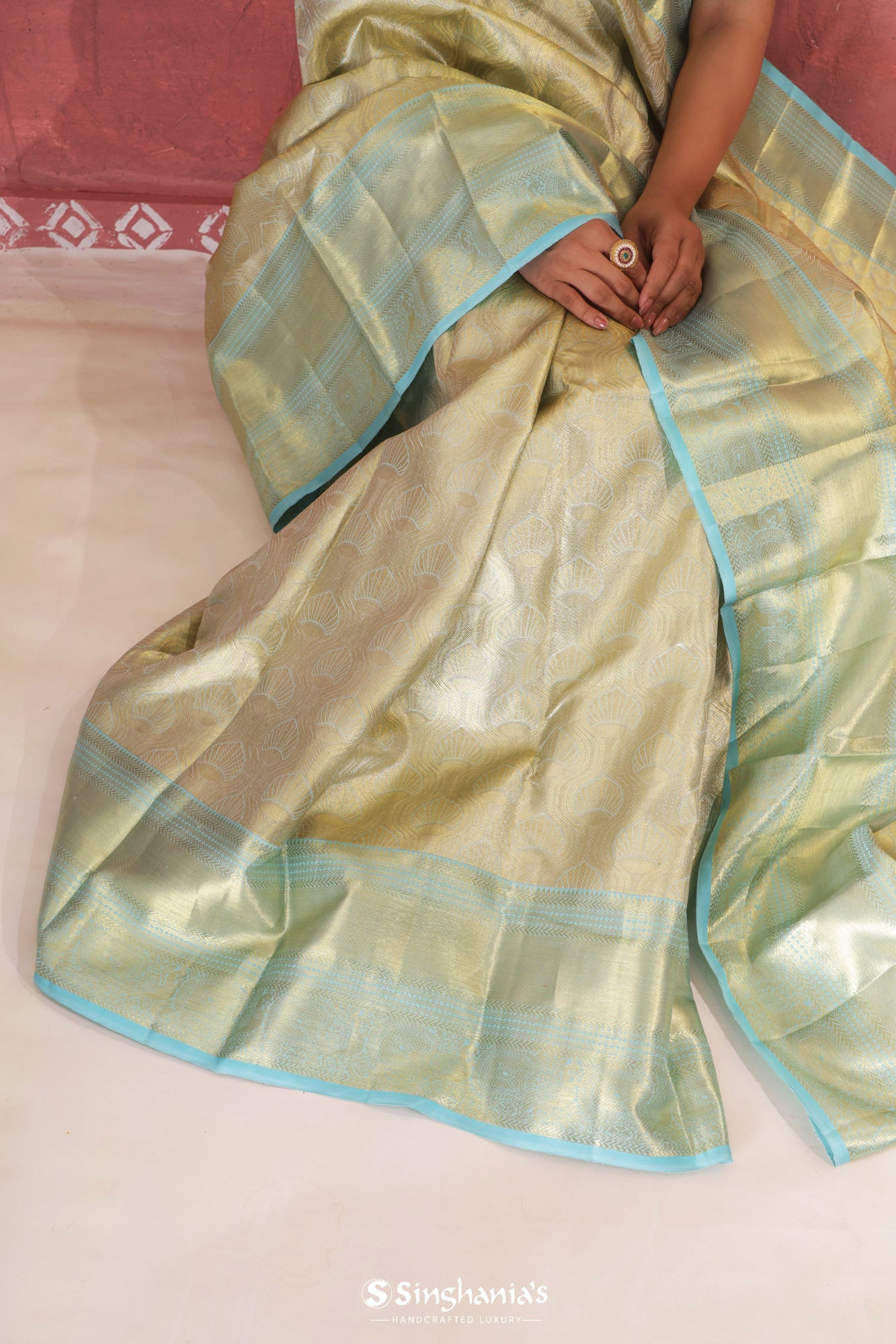 Pastel Pista Green Kanjivaram Silk Saree With Floral Design