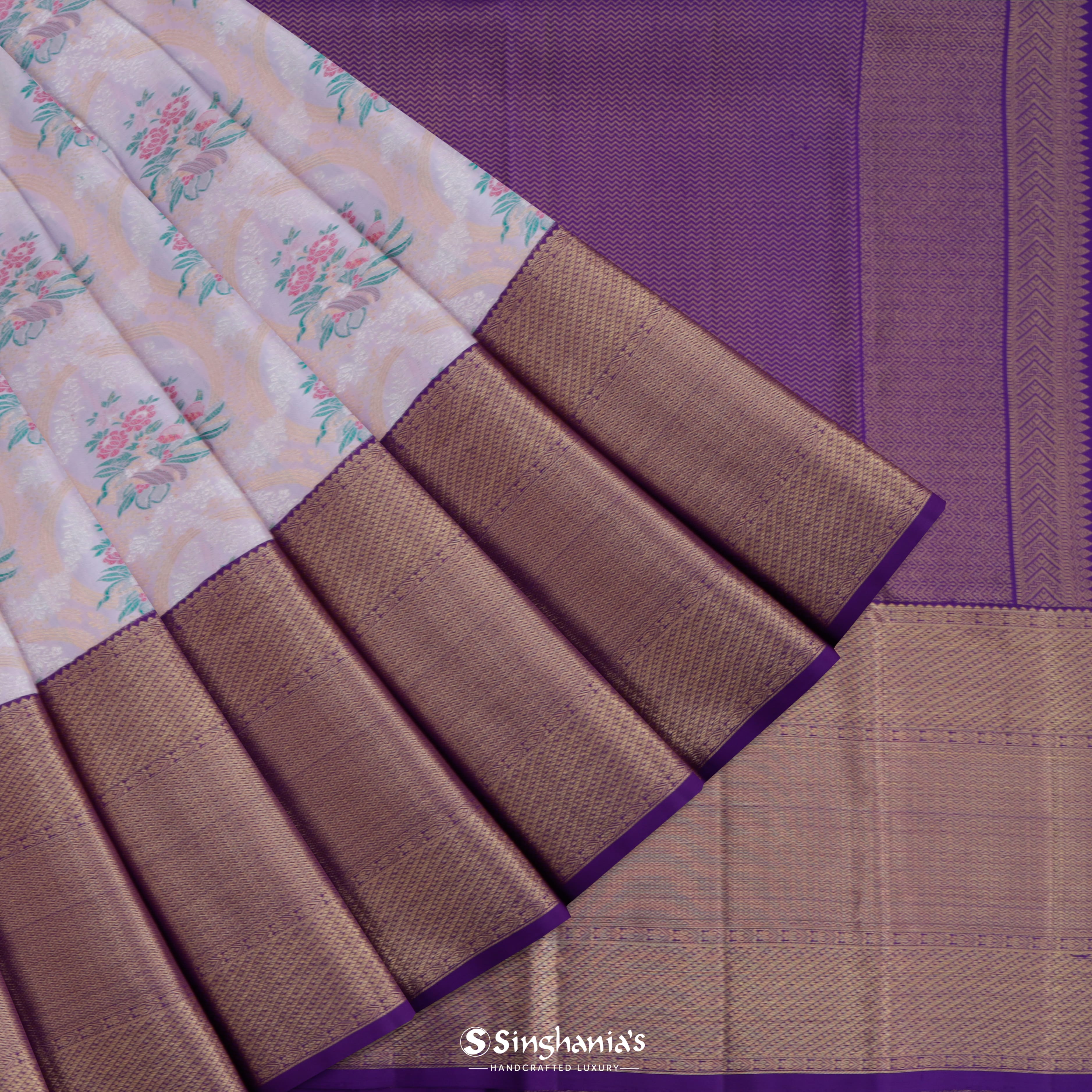 Light Lavender Kanjivaram Silk Saree With Floral Design