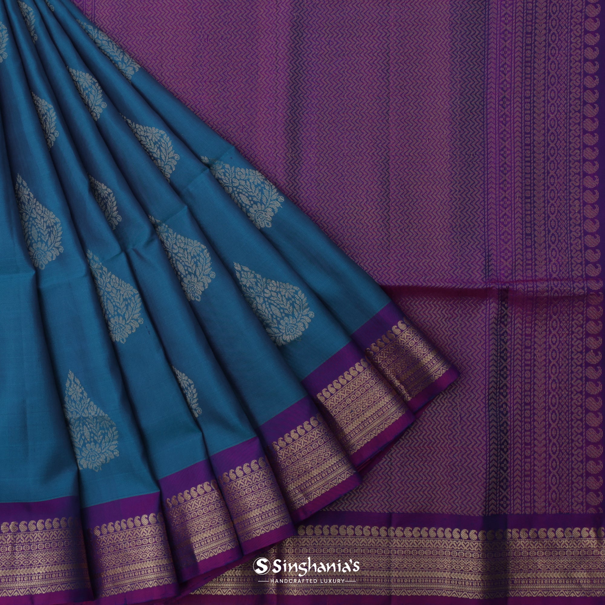 Imperial Blue Kanjivaram Silk Saree With Floral Buttas Weaving