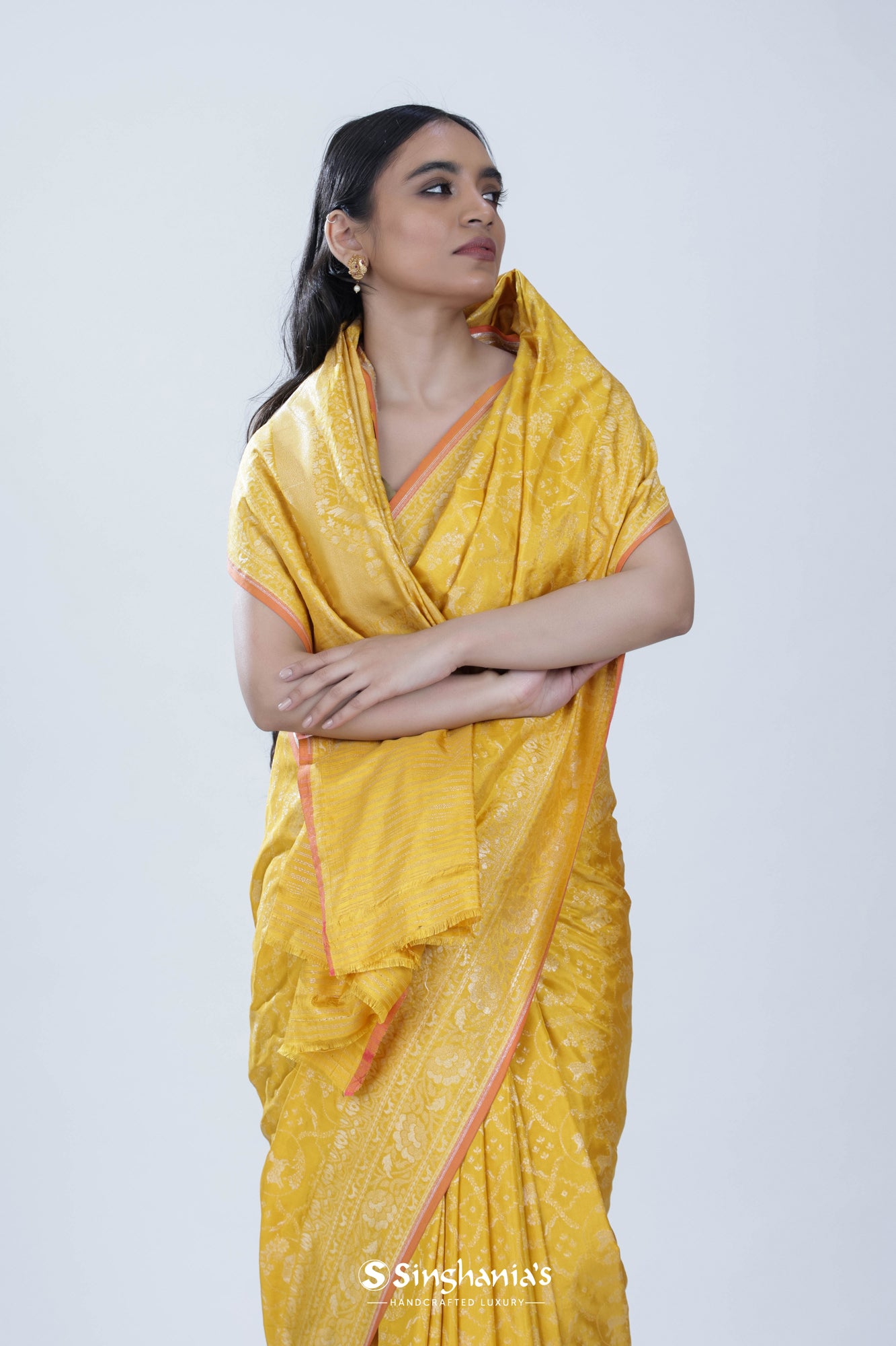 Durian Yellow Banarasi Silk Saree With Floral Jaal Weaving