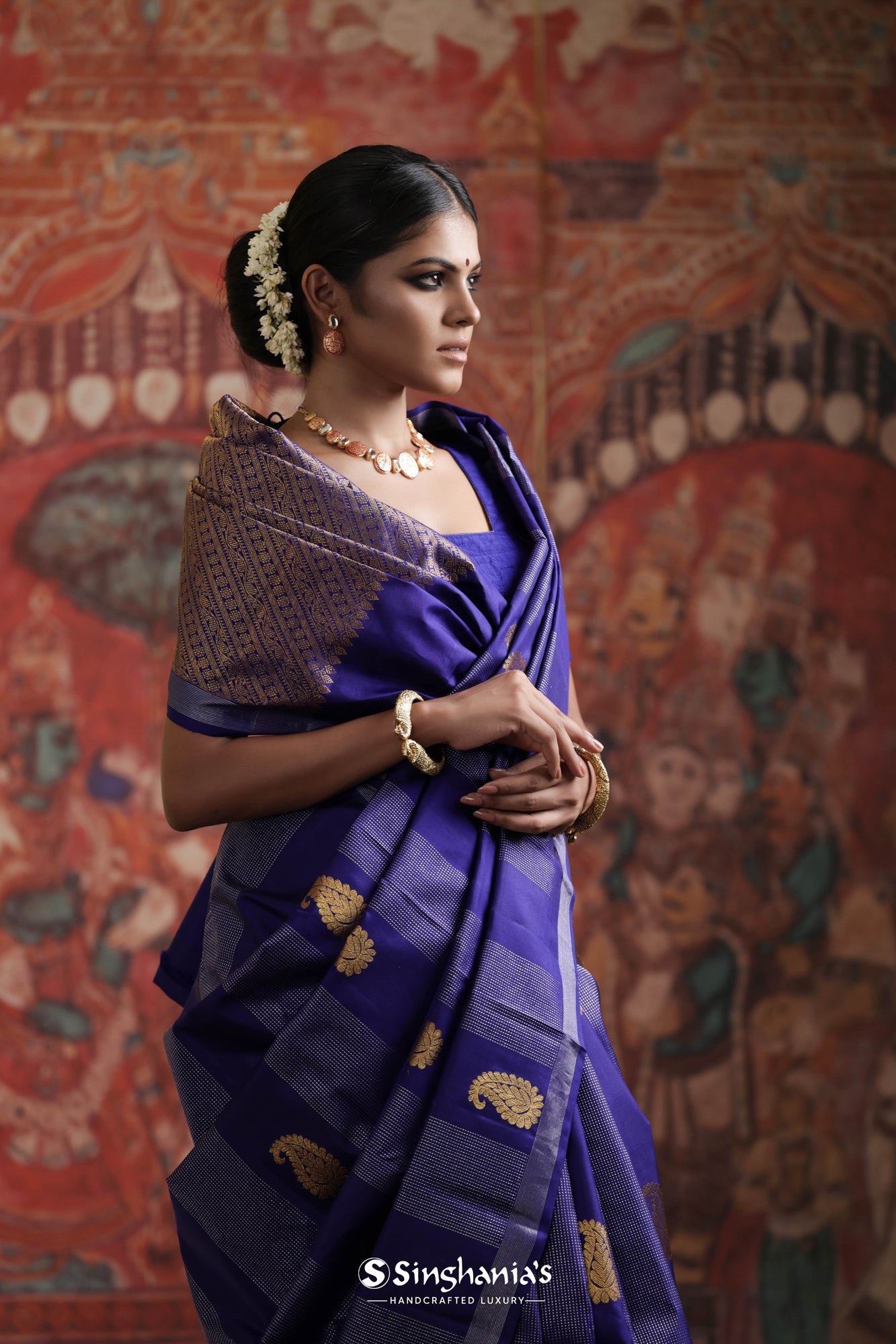 Picotee Blue Kanjivaram Silk Saree With Floral Buttas Weaving