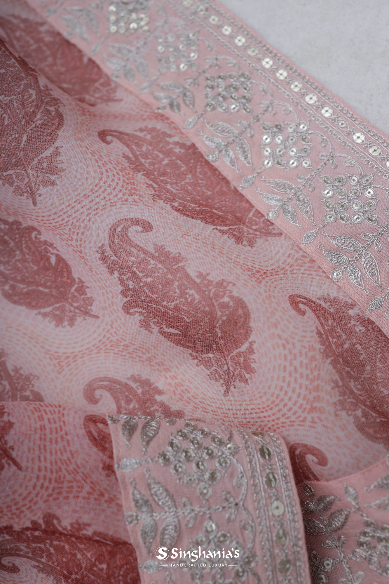 Pale Blush Pink Printed Organza Saree With Floral Paisley Design