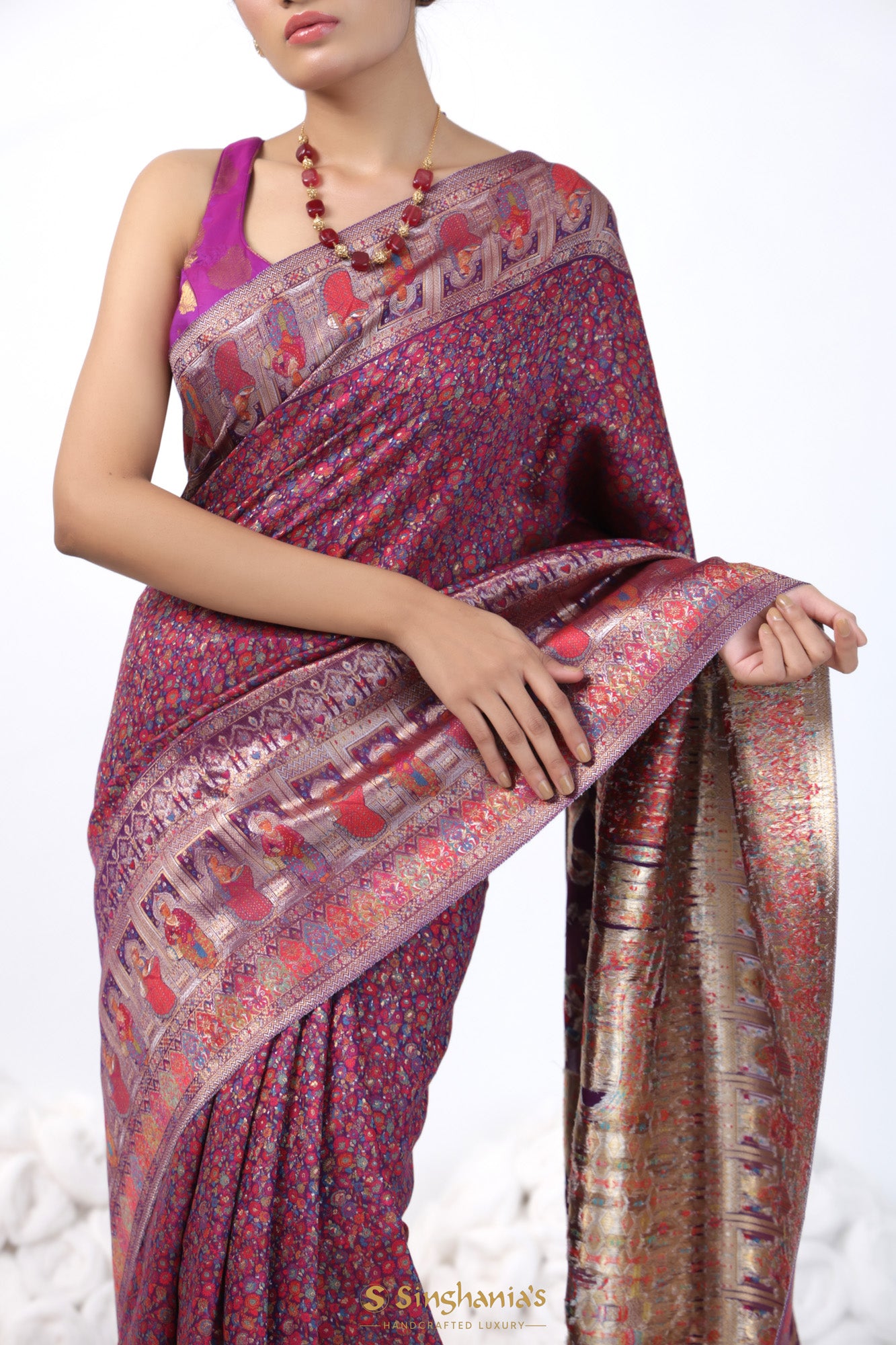 Palatinate Purple Kani Silk Saree With Floral Jaal Weaving
