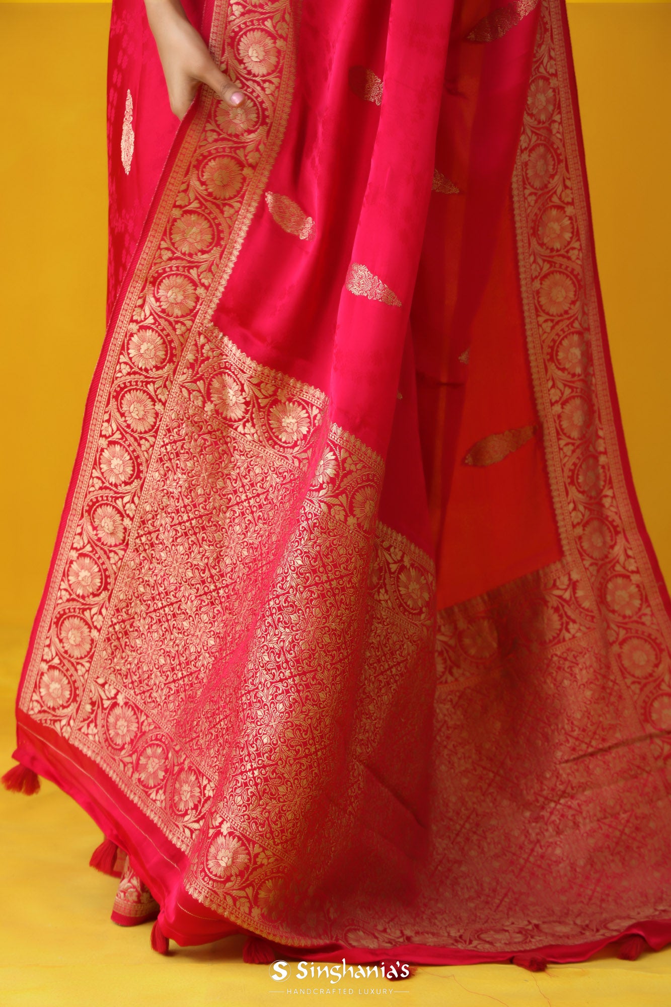 Amaranth Red Banarasi Satin Saree With Floral Buttas Design