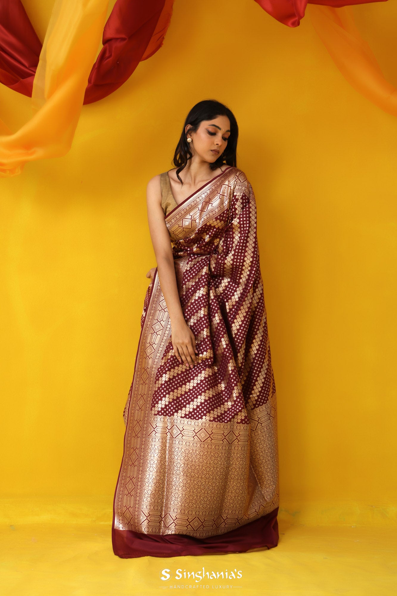 Maroon Banarasi Silk Saree With Floral Stripes Pattern