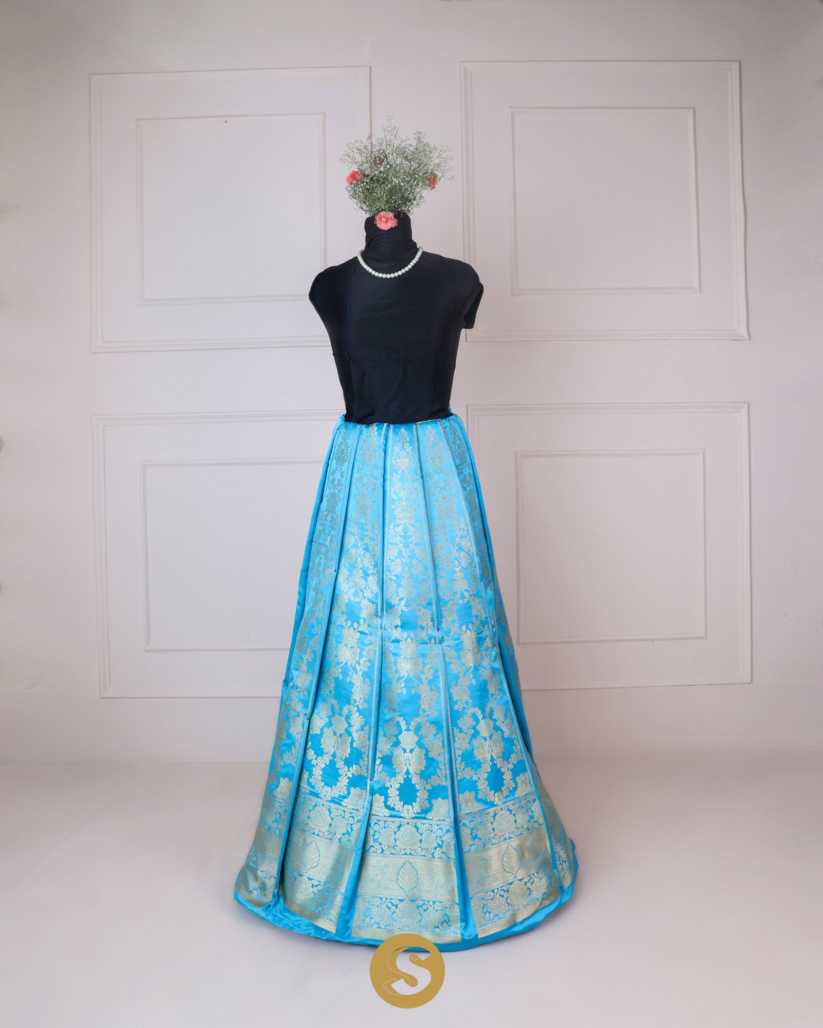 Capri Blue Unstitched Lehenga With Floral Zari Weaving